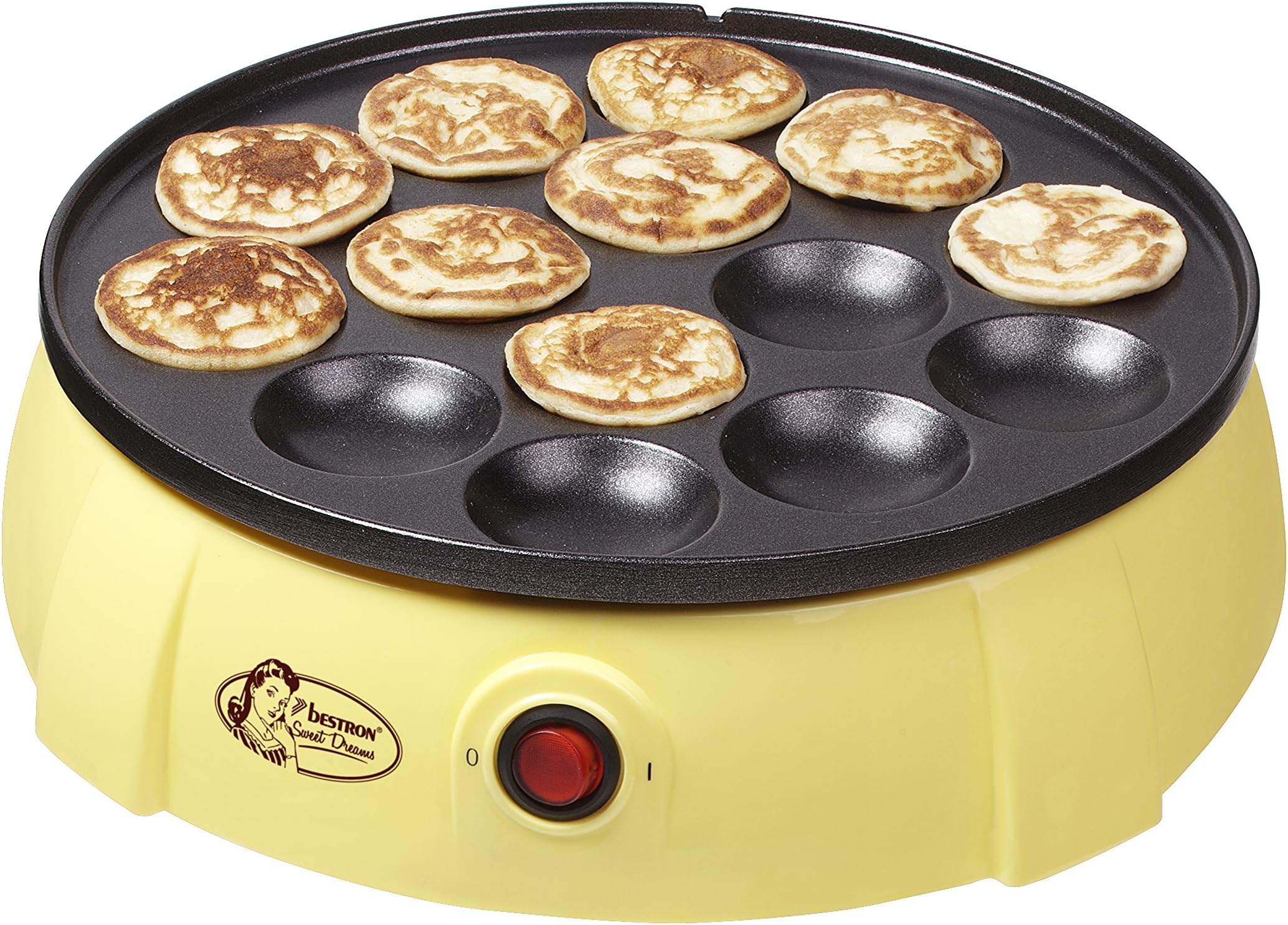 Bestron Poffertjes Maker 650W, Yellow, Plastic, 14 Poffertjes, Non-slip Feet