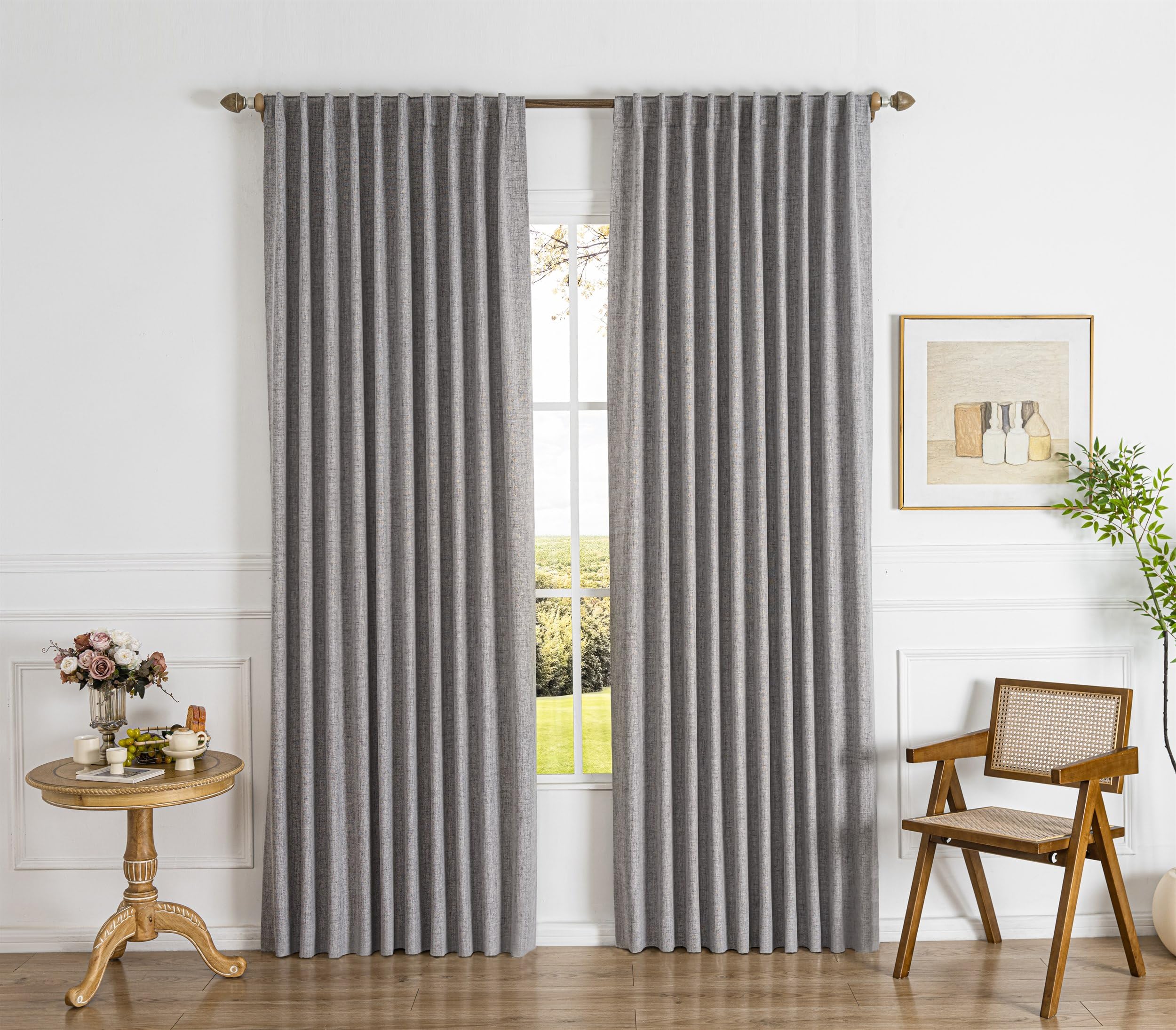 Gleantdeco Blackout Curtains 96 Inch 2 Panels - 100% Light Blocking Thermal Insulated Noise Reducing, Linen Blend Hooked Pleat, Boho Farmhouse Style Drapes for Bedroom Living Room Grey