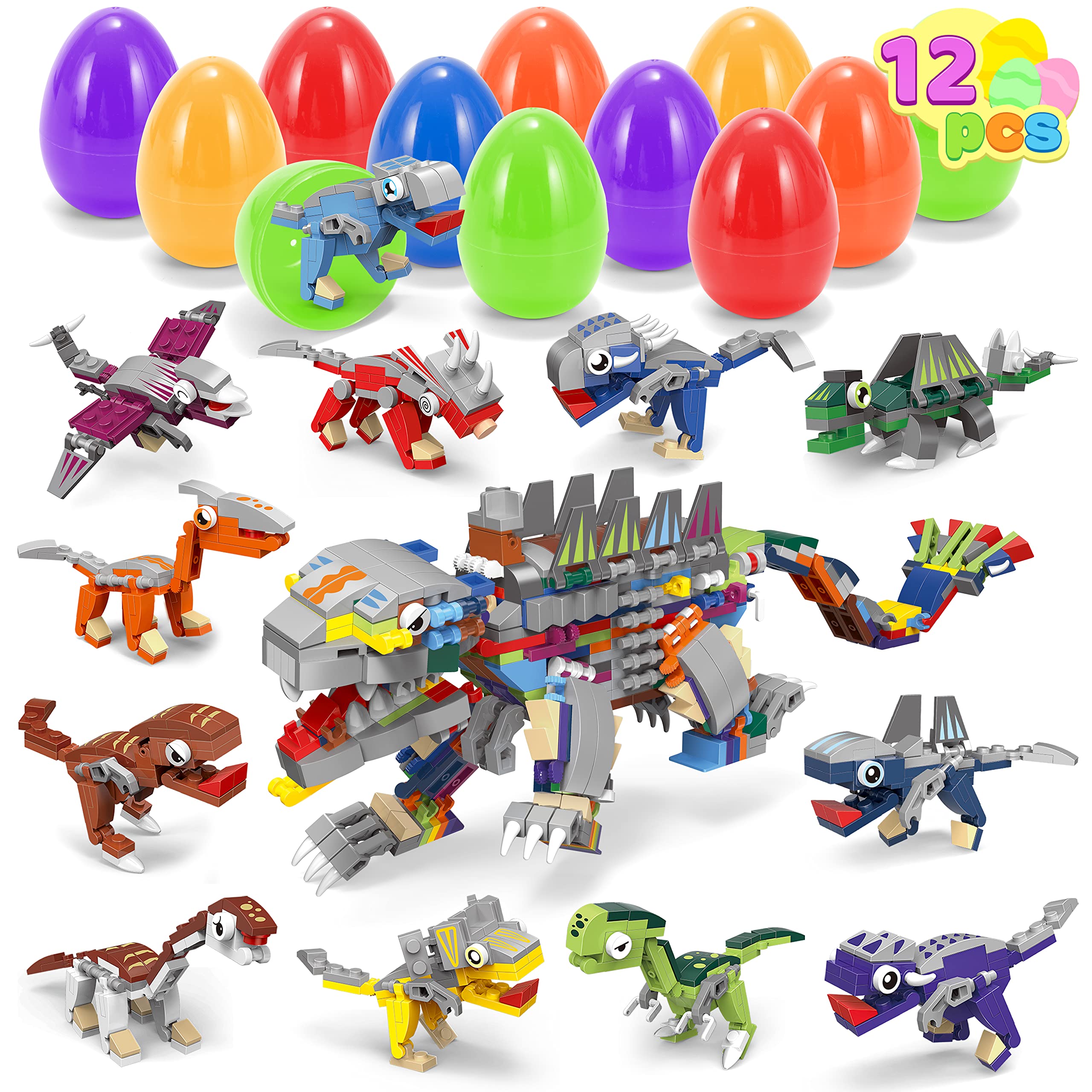 Photo 1 of JOYIN 12 Packs Prefilled Easter Eggs with Toys Dinosaur Building Blocks (12 in 1), 3.23"" Easter Eggs 