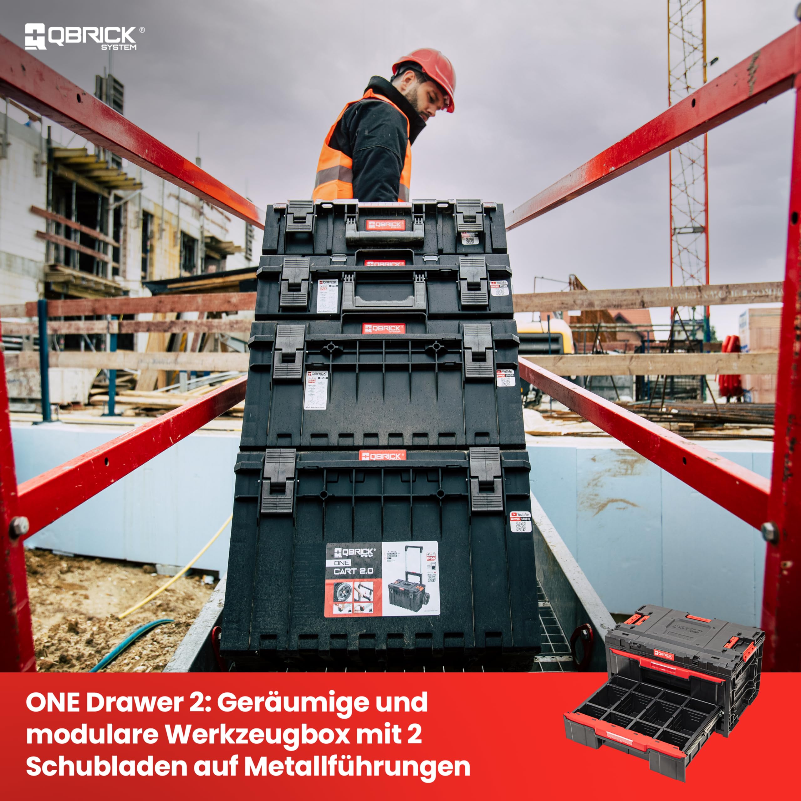 Qbrick System Werkzeugkoffer One Drawer 2 Toolbox 2.0 Black Werkzeugkasten mit 2 Schubladen IP66 Robust 24 kg Tragkraft Modular