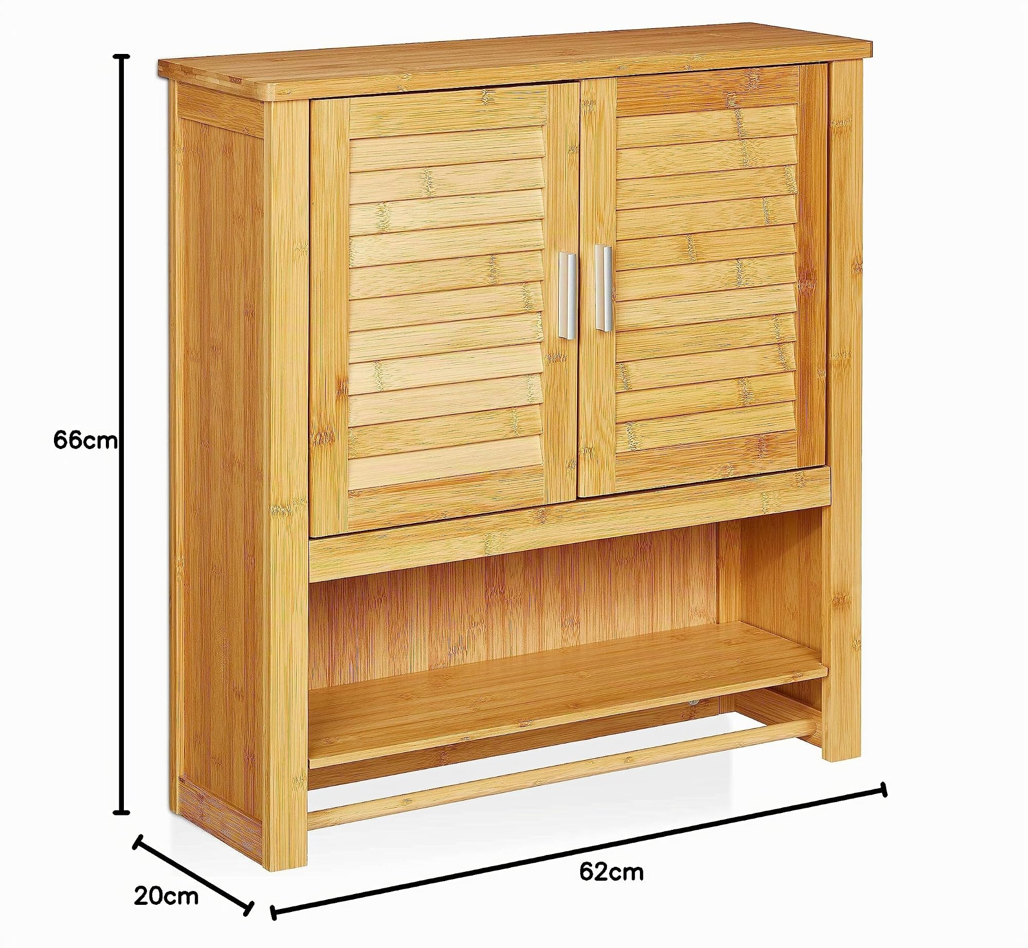 Relaxdays Pensile Bagno LAMELL, in Bambù, con Porta Asciugamani, 3 Ripiani, 2 Ante, Mobiletto, 66 x 62 x 20 cm, naturale