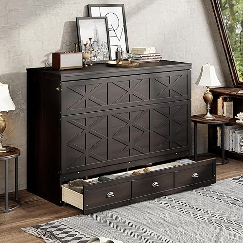 Bellemave Queen Size Murphy Bed, Cabinet Bed with Charging Station and Storage, Farmhouse Murphy Cabinet with Foldable Panel, for Guest Bedroom, Living Room, Office, Brushed Espresso