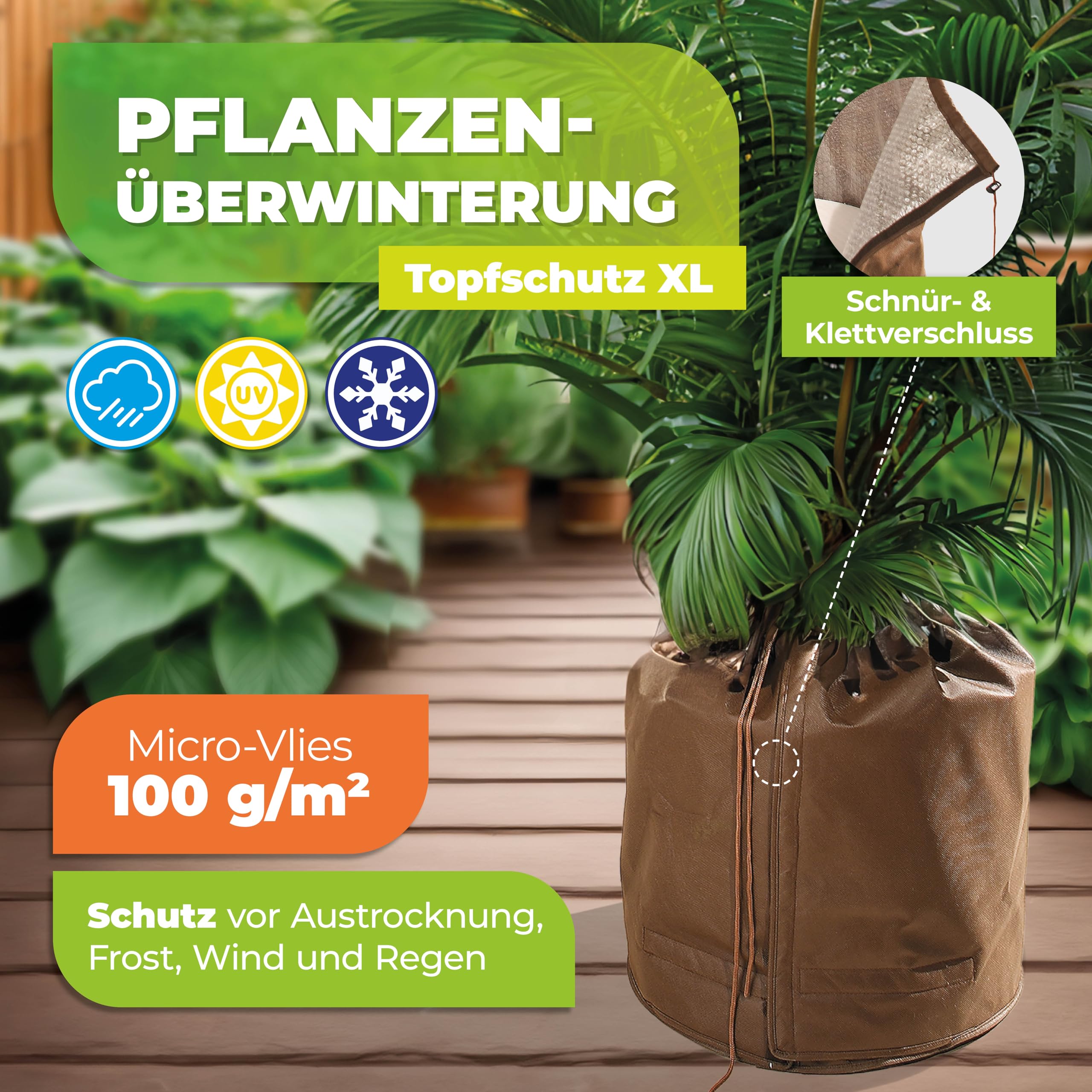 Bio Green Topfschutz XL für Pflanzgefäße | H 70 cm x Ø 65 cm | schützt vor jedem Wetter | Topfmantel aus langlebigem Micro-Vlies | Pflanztopfschutz mit dickem Isolierboden