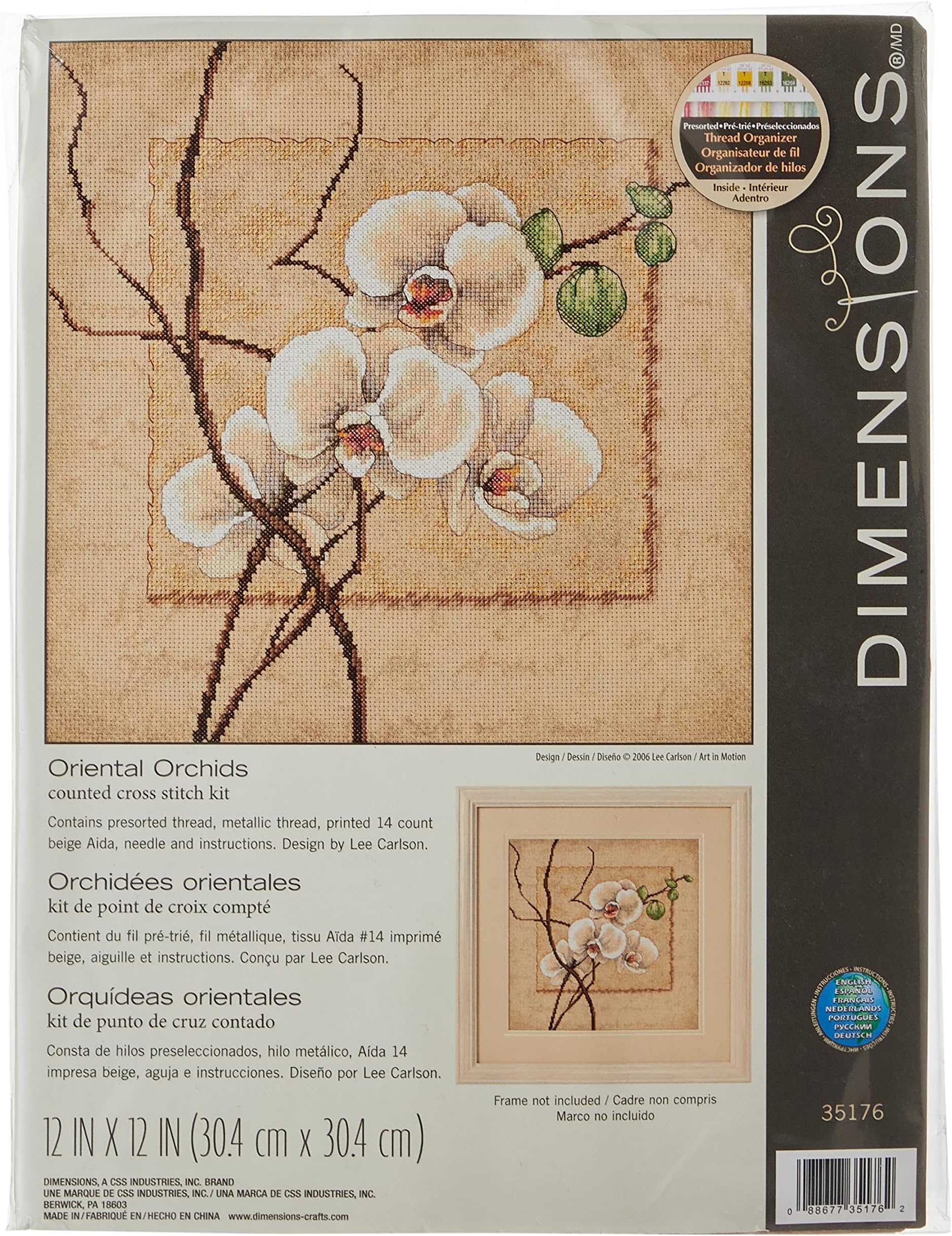 Oriental Orchids' Counted Cross Stitch Kit, 14 Count Beige Aida, 12" x 12"