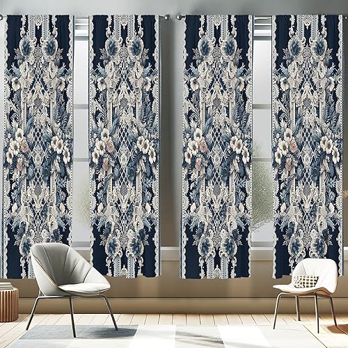 Miniatura 10 de Ambesonne Cortinas de ventana azul marino, patrón tradicional Ikat estilo retro, composición inspirada en damasco, decoración ligera, juego de 2