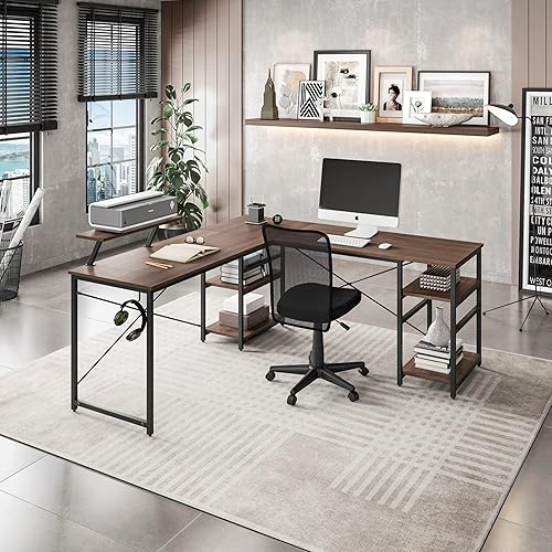 Miniatura 2 de Techni Mobili Escritorio de oficina – Escritorio reversible en forma de L con estantes de almacenamiento, soporte para monitor y soporte para