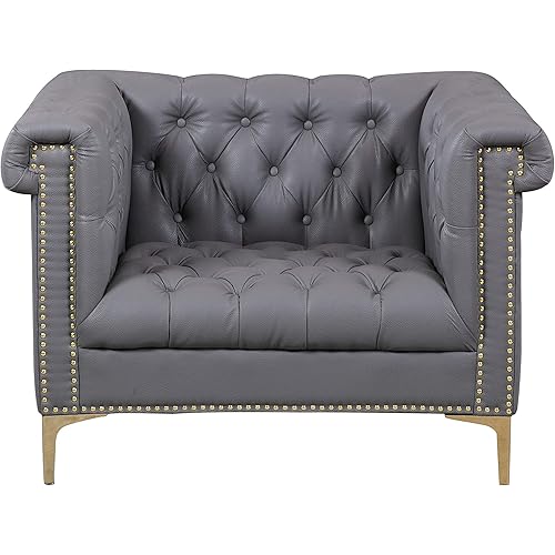 Grey Winston PU Button Tufted with Nail head Trim Tone Metal Club Chair