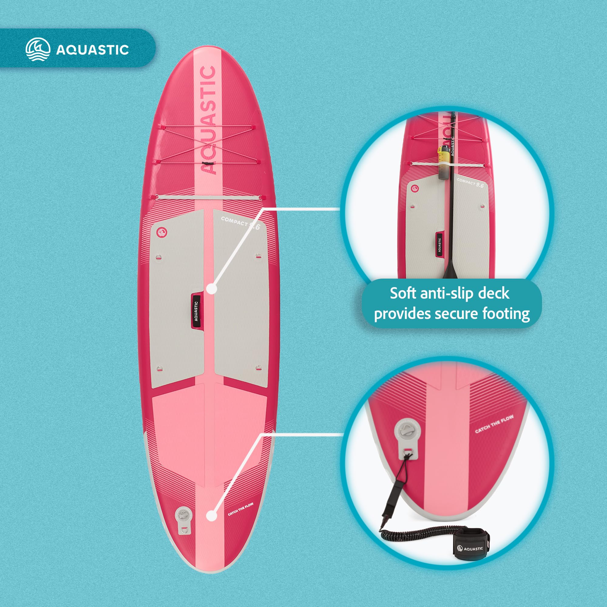 AQUASTIC Compact 220 l - Planche Sup légère/Kayak Drop Stitch Ultra, Stringer, 290 x 79 x 12 cm, déplacement de 220 l, Anneaux en D, Cargo, ballasts, Sac à Dos, Pompe, Leash, Rose
