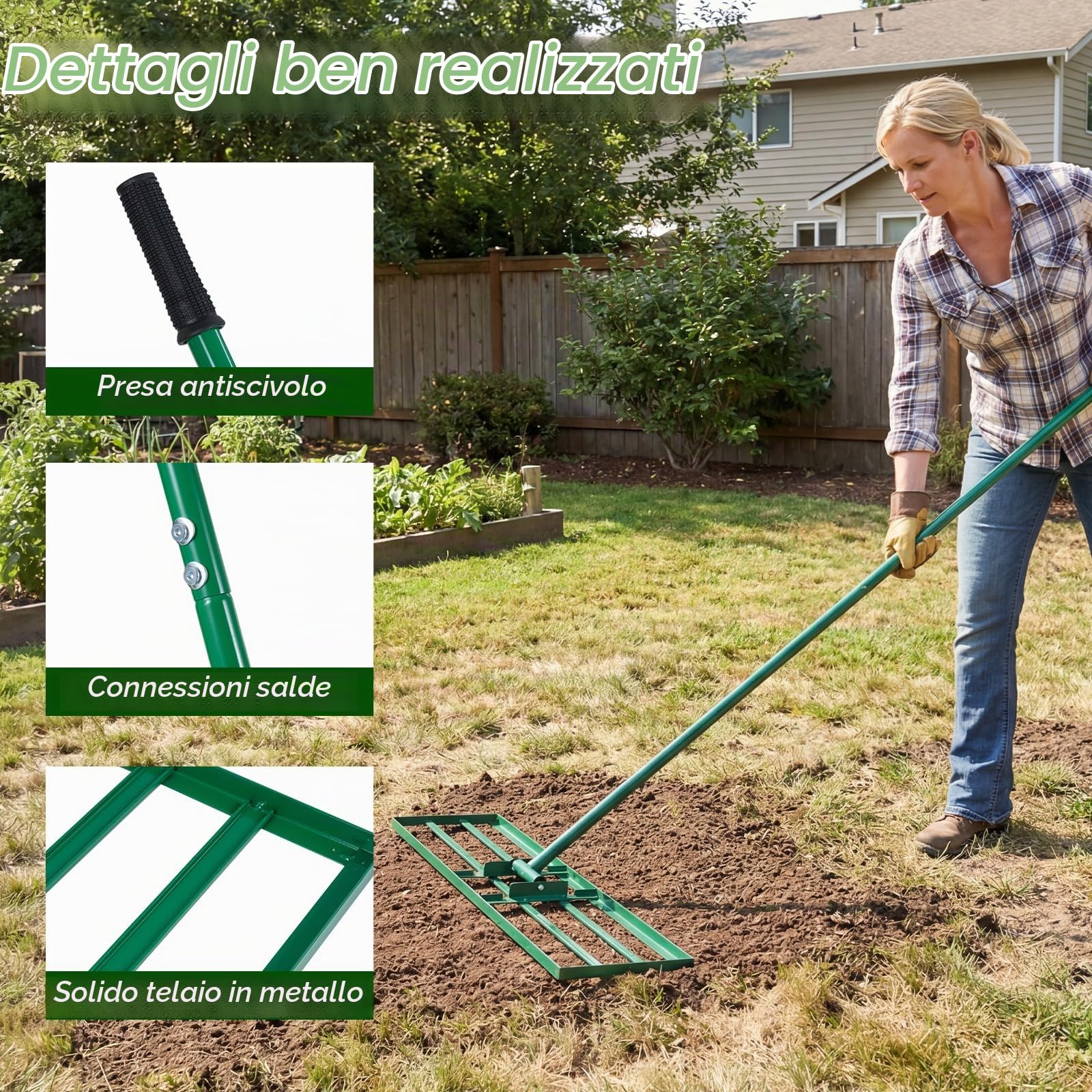 FANTASK Rastrello livellante in metallo, 170 x 75 cm x 25 cm, livellamento rastrello per prato con impugnatura ergonomica, strumento per prato per giardino, cortile, campo da golf (verde)