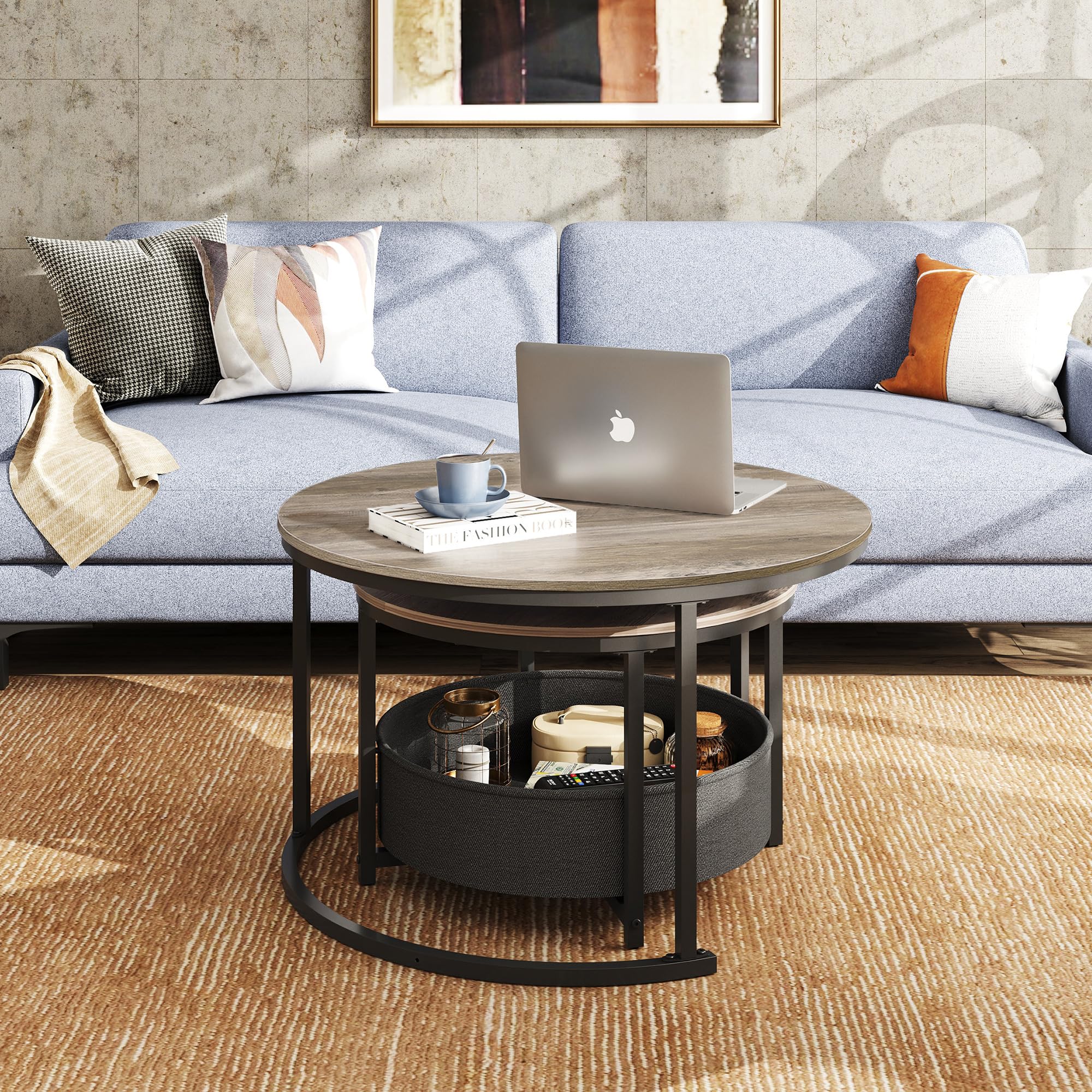 WLIVE Mesa de Centro Juego de 2, Mesa Auxiliar Redonda con Almacenamiento, Mesa de Salón de Madera con Estructura Metálica (Gris Negro, 80 y 60 cm de diámetro)