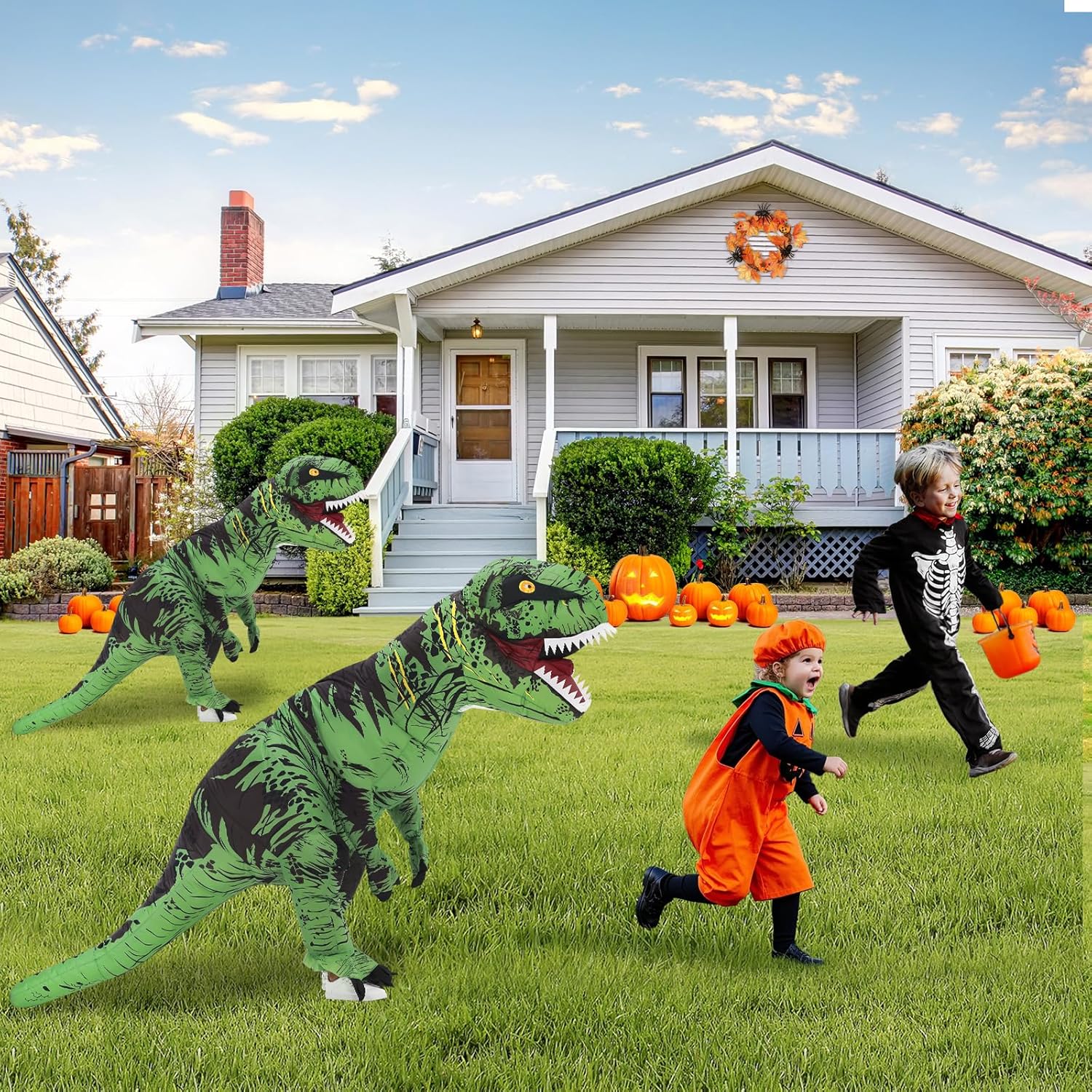 Poptrend Opblaasbaar dinosauruskostuum voor volwassen kinderen, T-Rex dinosaurus grappig Halloween-kostuum voor feest cosplay verkleedkleding mannen vrouwen (kinderen