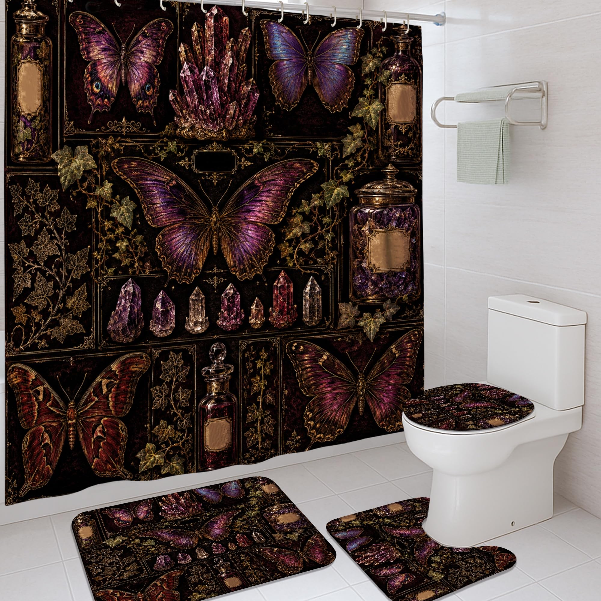 Rideau de douche gothique vintage imprimé papillon avec tapis de bain violet
