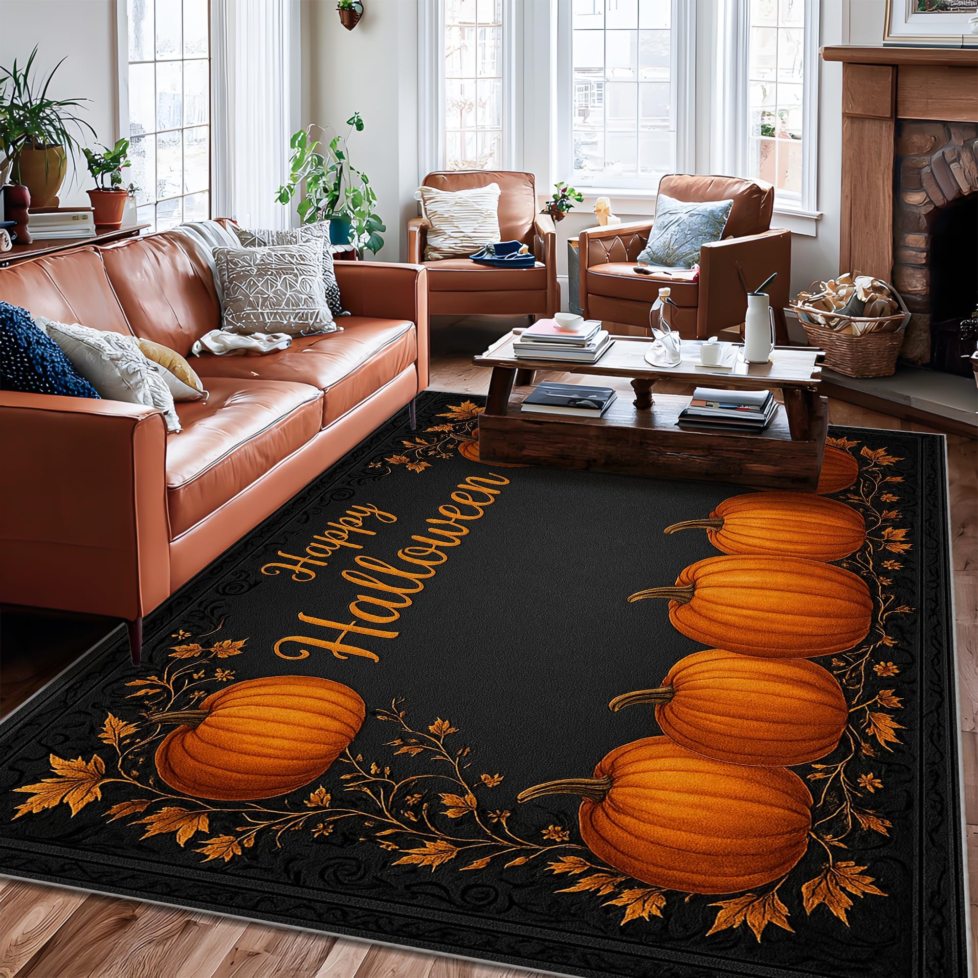 Tapis citrouille anti-glisse grand tapis Halloween orange pour salon chaleureux