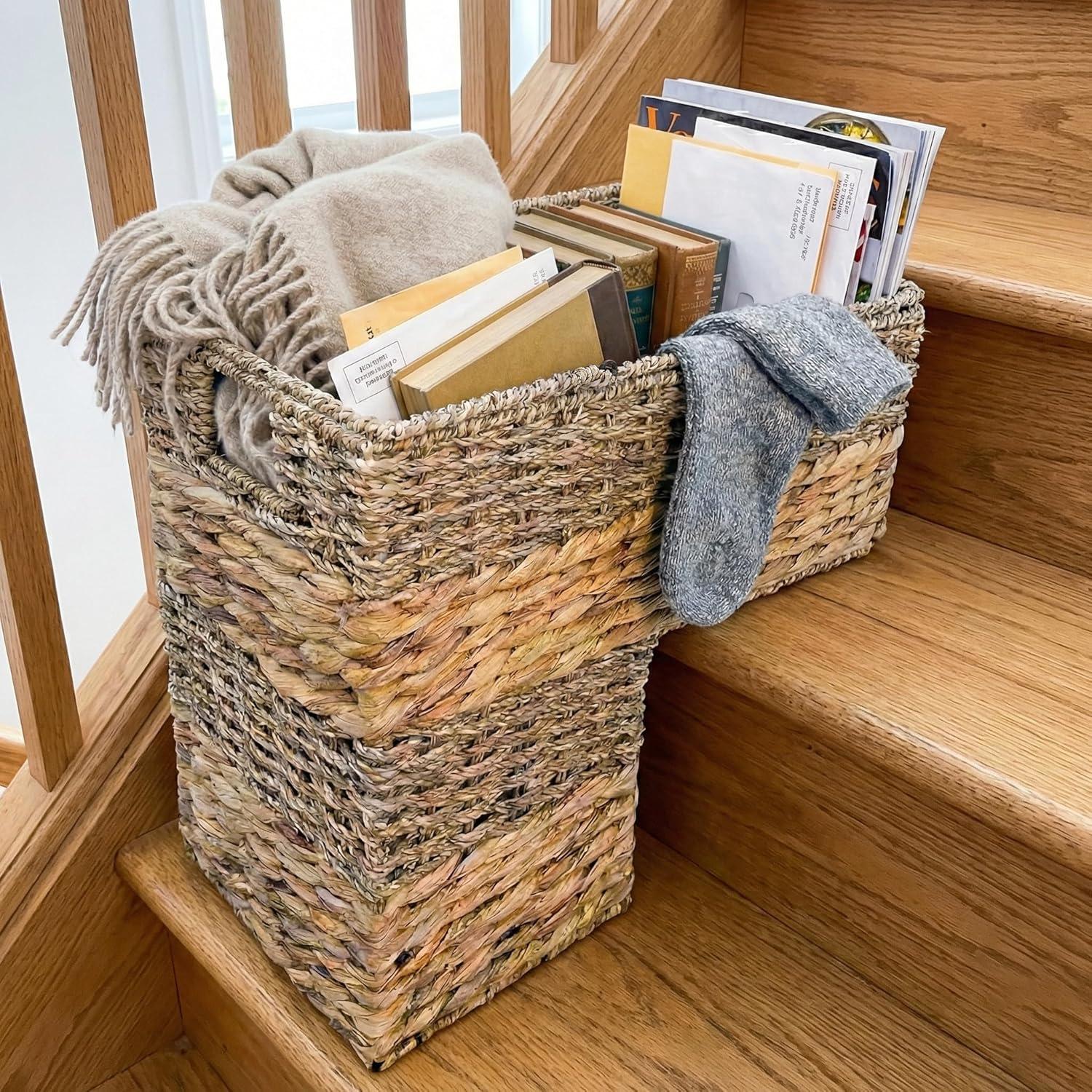 L-Shaped Stair Basket with Carry Handles, Stair-Step Organizer for One-Trip Pick-Up, Handwoven Seagrass & Water Hyacinth, Reinforced Metal Frame, 16.1" H x 16.1" L x 10" W