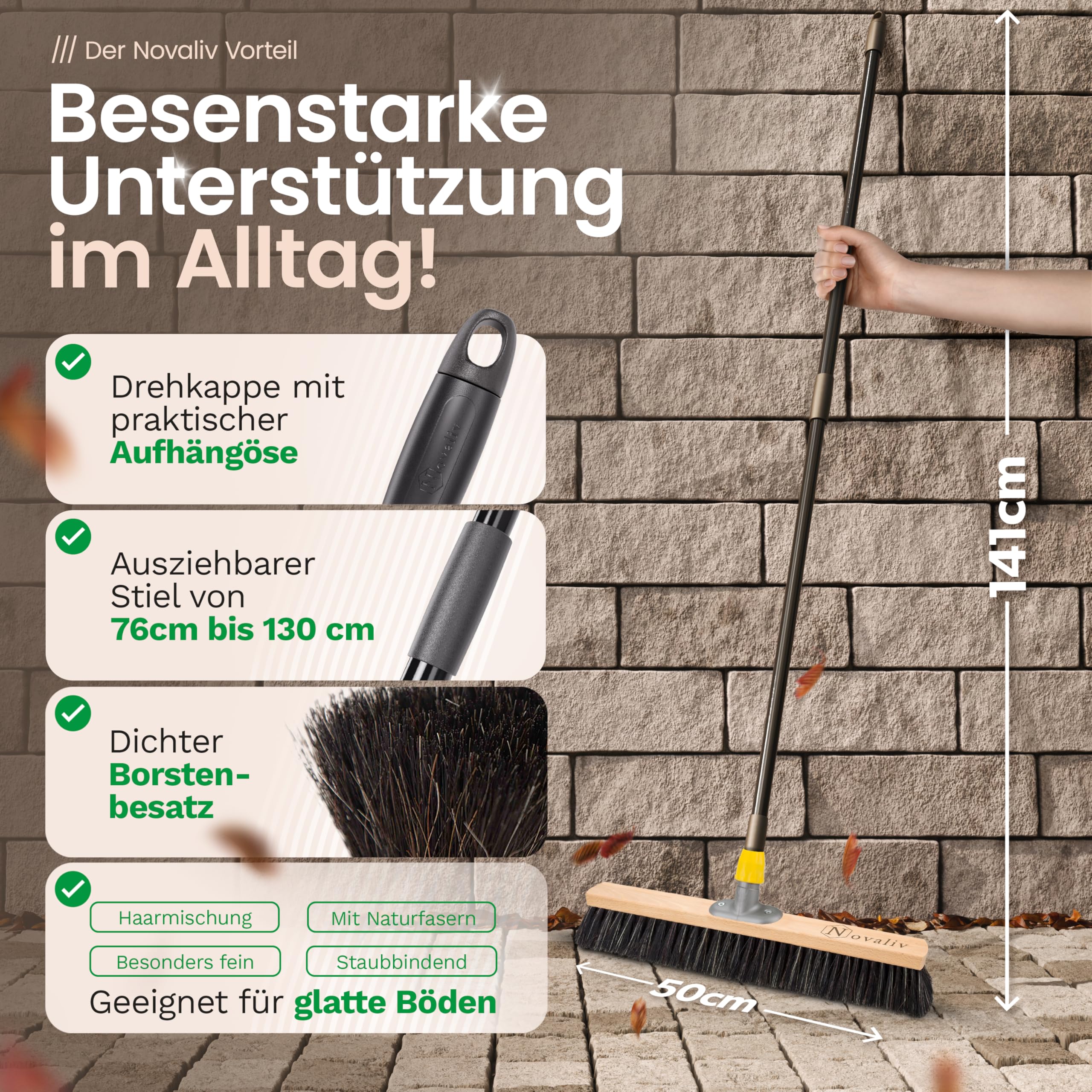 Novaliv 4X Besen weiche Borsten 50 cm I Besen mit Teleskopstiel I Rosshaar Mischung schwarz I Kehrbesen Hofbesen