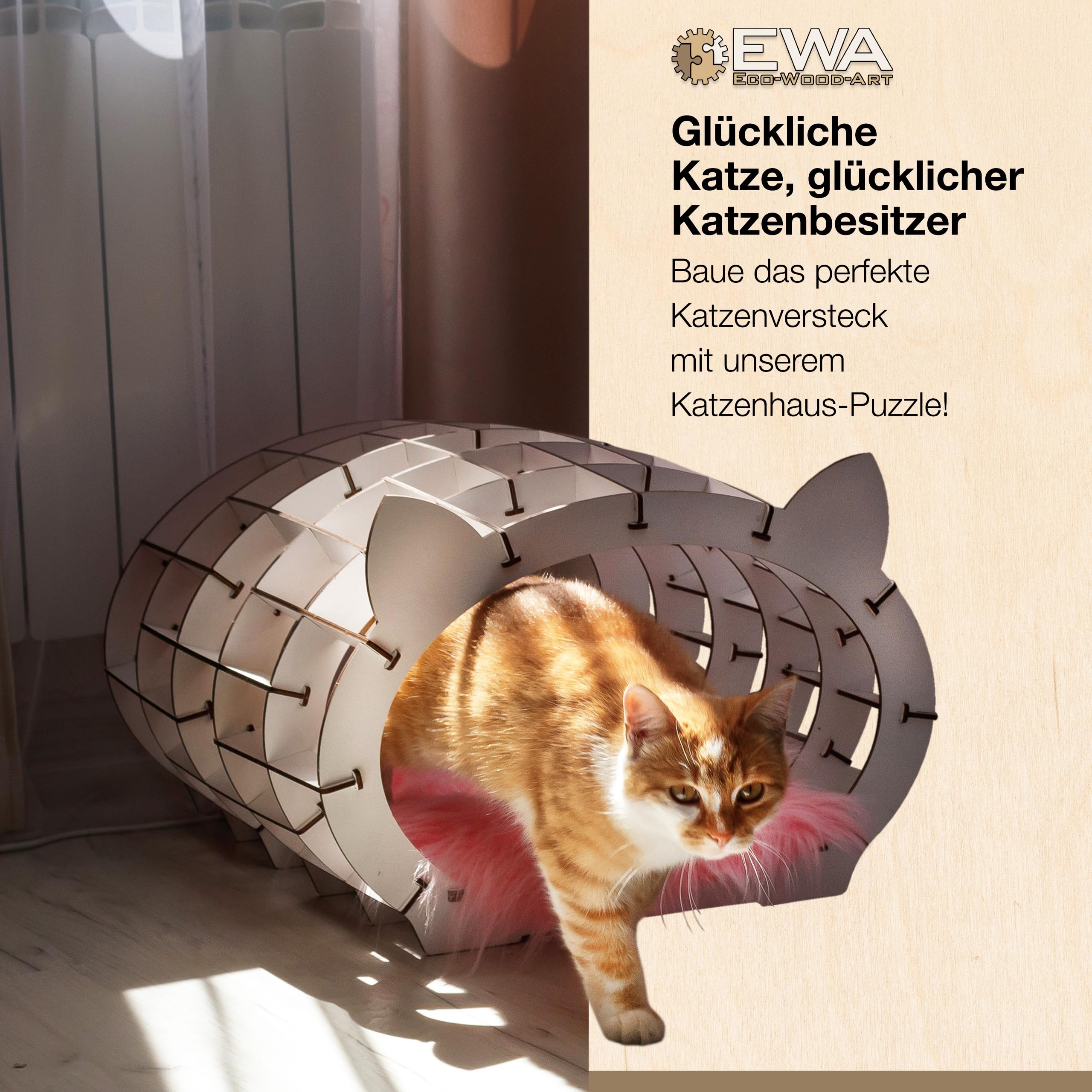 EWA Eco-Wood-Art - Cat's House (Wooden House+White Fur)- Puzzle 3D en Bois - Casse-tête pour Adultes et Adolescents -à Monter soi-même sans Colle- 152 pièces