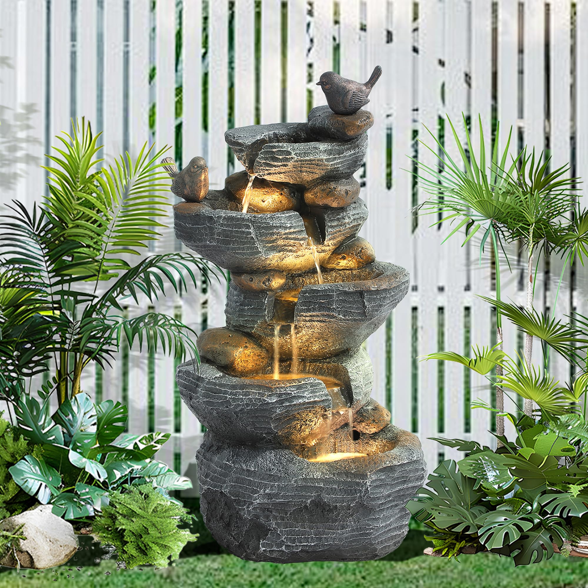 5 Tiers Garden Fountain Outdoor, 26.4" Rock Waterfall Feature with 4 LED Lights, Modern Resin Fountain Freestanding with Pump and Dicky Bird for Indoor and Porch Patio, Home Art Decor, Grey-image-16