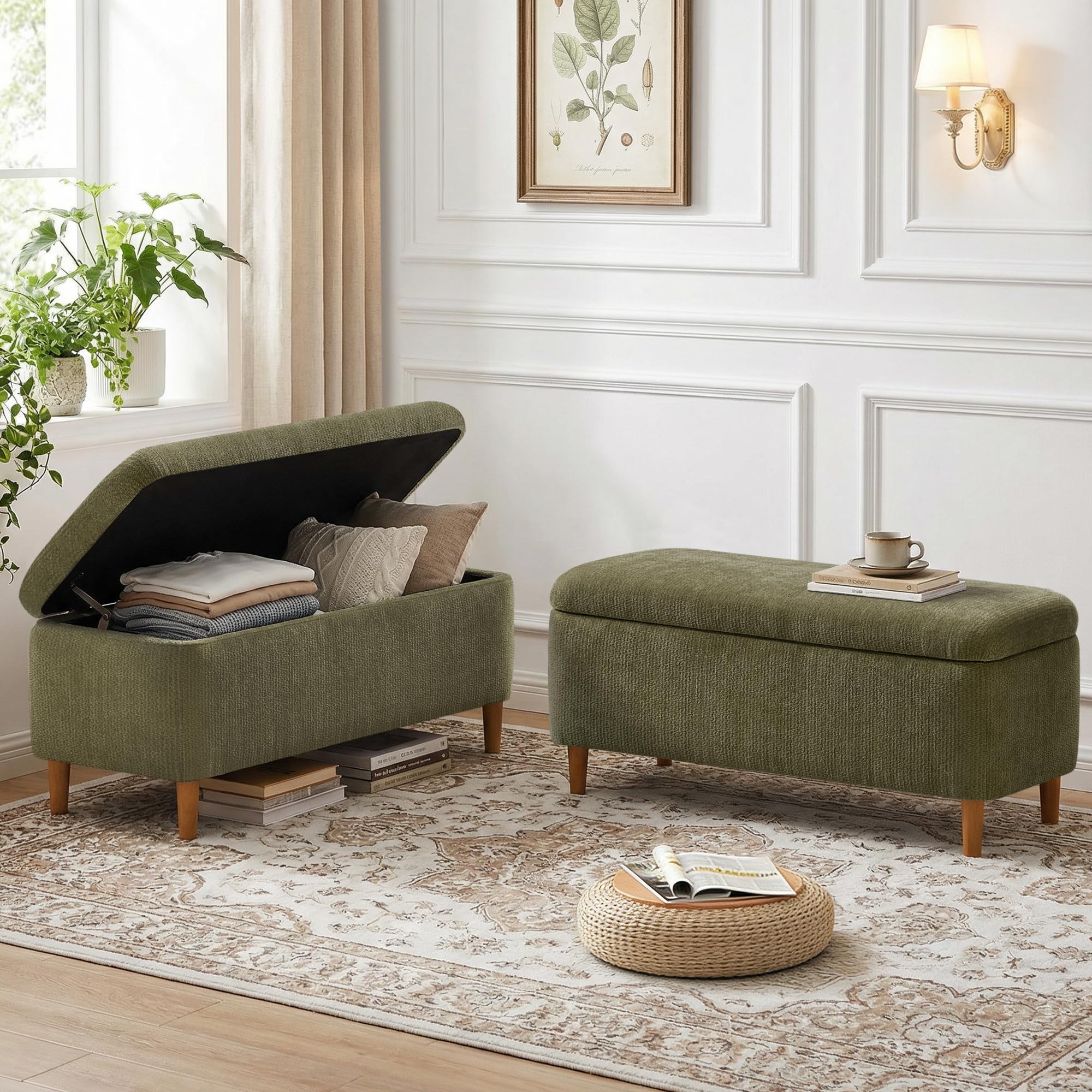 39.4”Ottoman with Storage Set of 2,Upholstered Comfy Storage Bench Ottoman with Wooden Legs,End of Bed Bench Footstool for Hallway Entryway Bedroom Living Room Corner Green