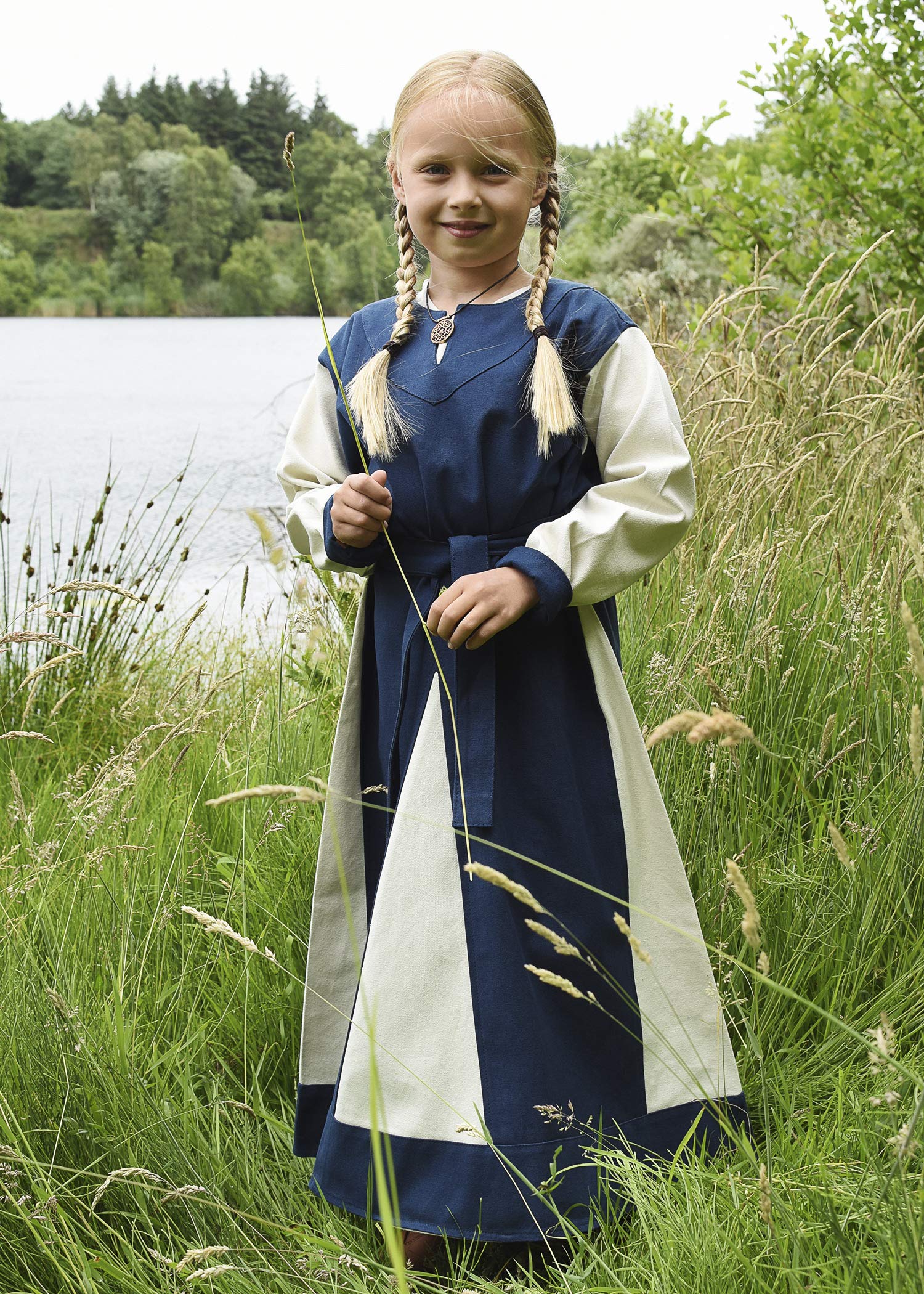 Battle-Merchant Solveig - dziewczęca średniowieczna sukienka wikingów z paskiem - niebieska czerwona - 110-164 (4-16 lat)