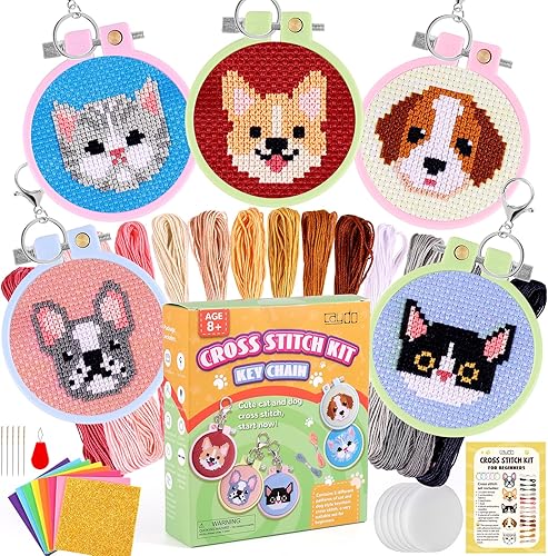 Caydo 5 kits de punto de cruz para niños con patrones de gatos y perros, kits de punto de cruz estampados para principiantes, llavero, dijes de