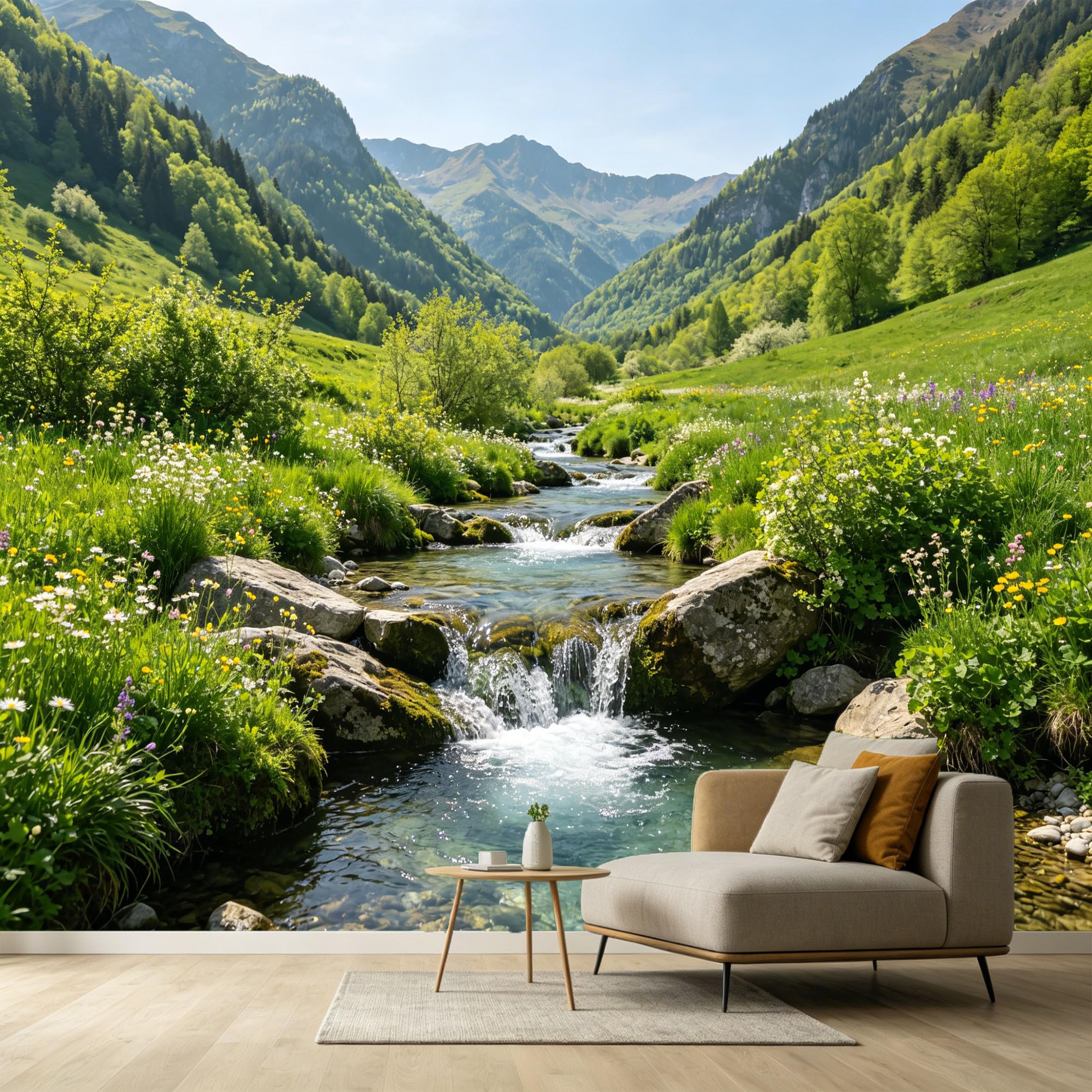 Custom Size Wall Murals Alpine Valley Landscape Mountain Stream Spring Meadow Wildflowers SelfAdhesive Wall Fabric Removable Large Wallpaper for Photo Living Room