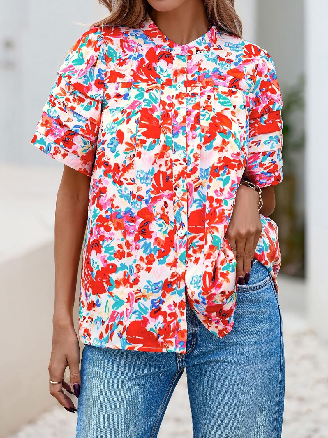 MASCOMODA Womens Tops Summer Boho Floral Short Sleeve Button Down Shirts Crewneck Loose Vacation Dressy Casual Work Blouses - Image 2