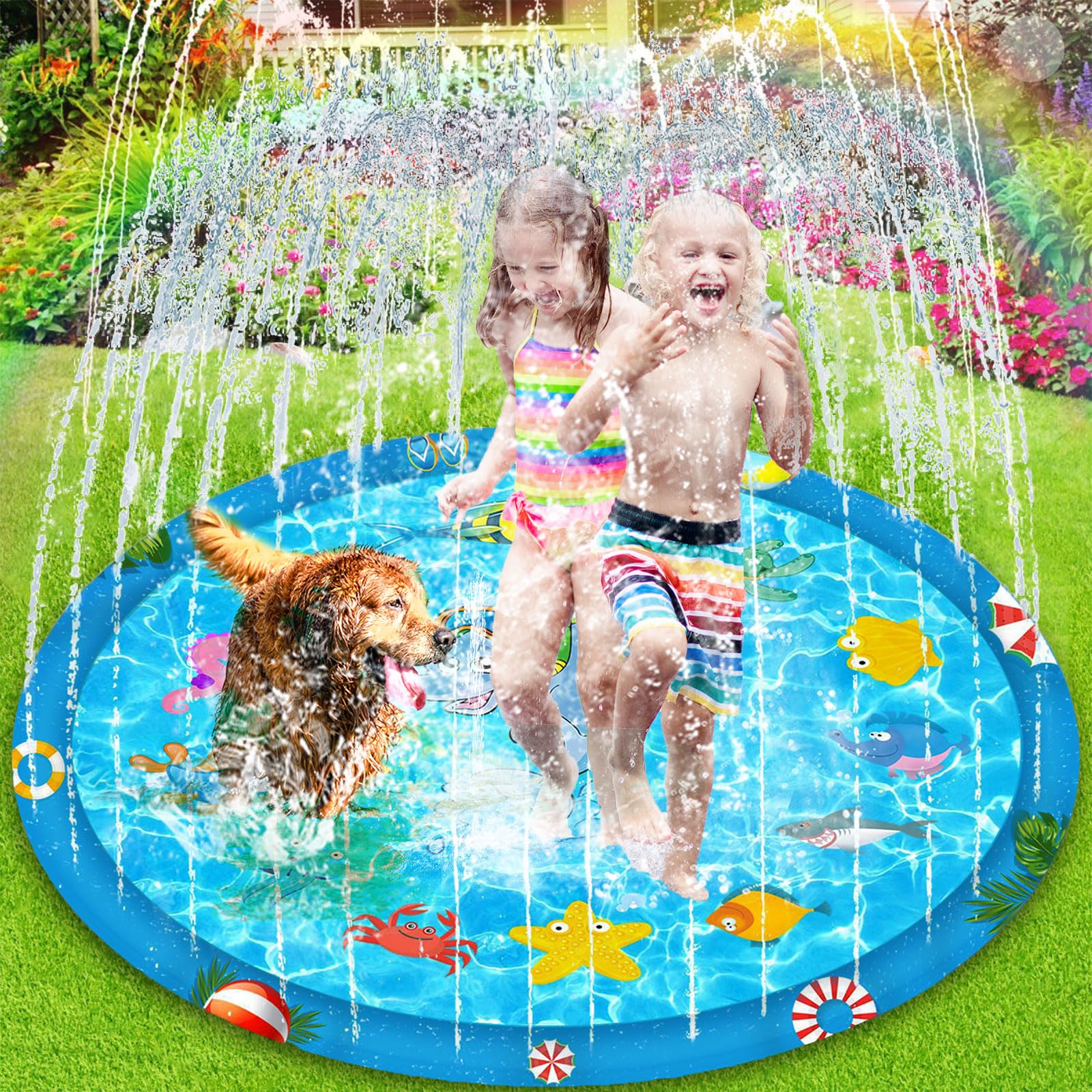 MULEVIP Splash Pad, 170cm Aspersor para Niños, Patrón De Animales Marinos Juegos Exterior Niños, PVC Juegos Piscina Aspersor para Niños Apto para Niños Y Mascotas De 3 A 6 Años