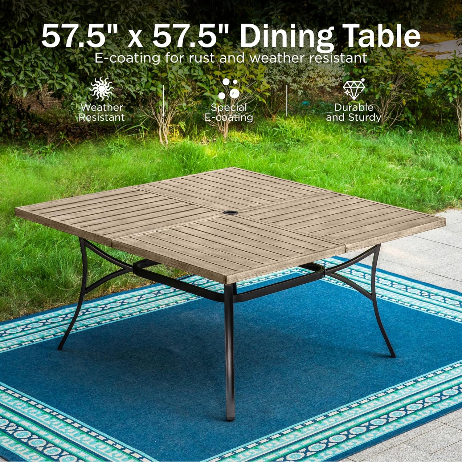 PHI VILLA 9 Pieces Outdoor Dining Set for 8, 57.5” Square Metal Wood-Like Table & Swivel Steel Chairs with Cushions, Large Furniture Set for Outdoor Deck, Yard, Porch