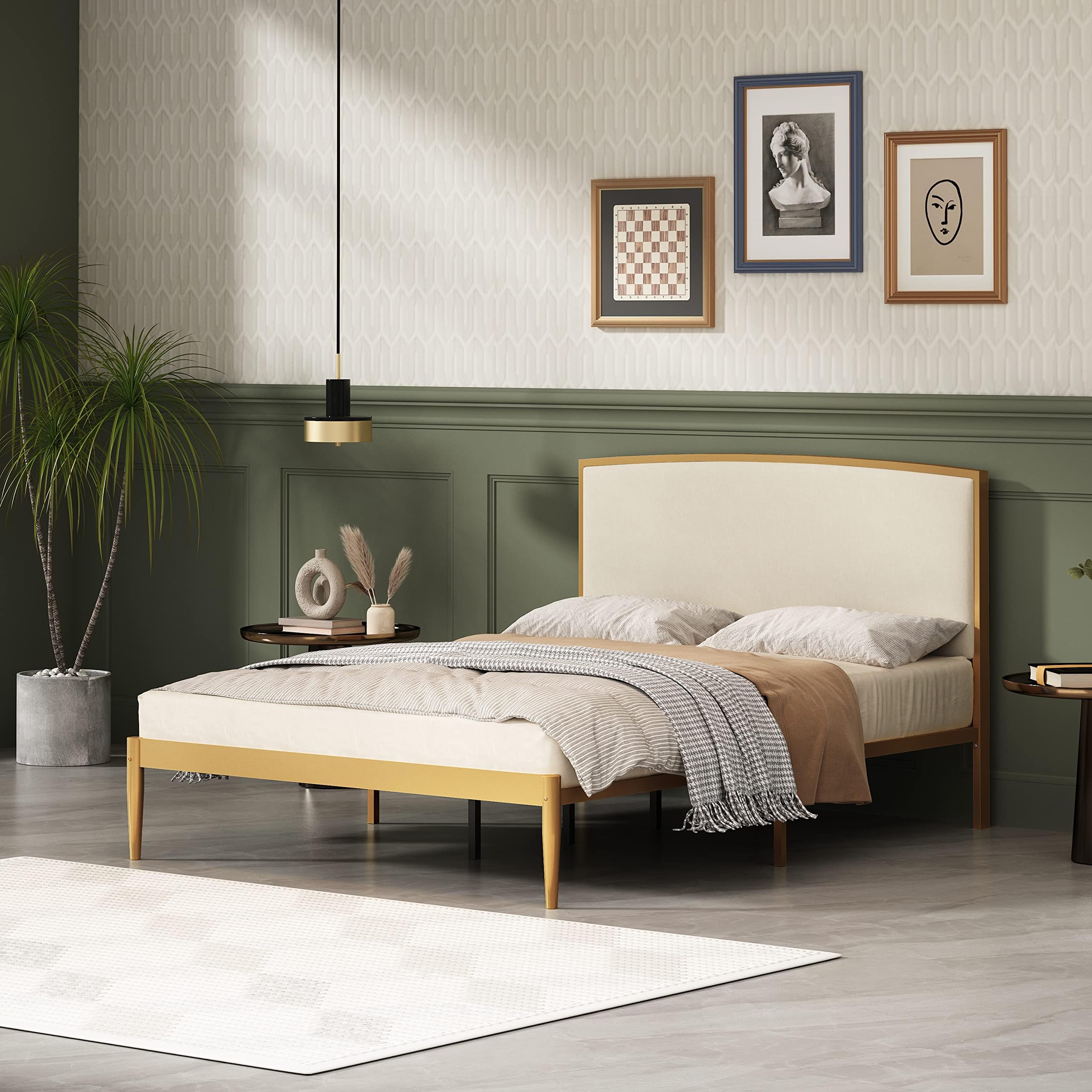 YUHUASHI Platform Metal Bed Frame, Simple Design, Linen-Covered Curved headboard, Metal Frame and Foot, Easy to Assemble and noiseless (Beige & Gold, Queen)