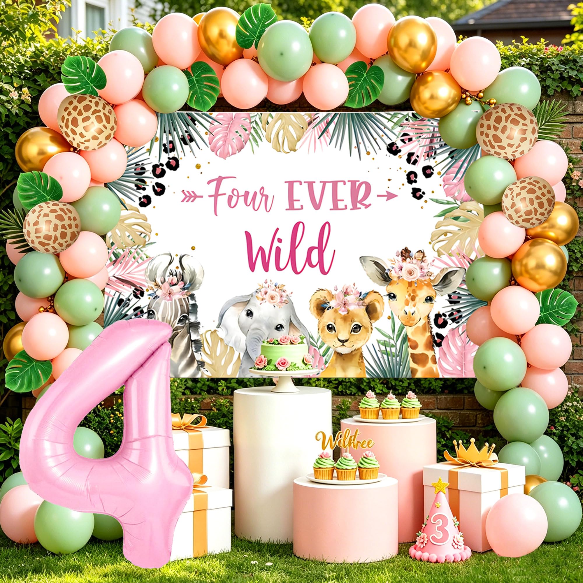 Four Ever Wild Birthday Decorations Safari Birthday Backdrop for 4th Girls