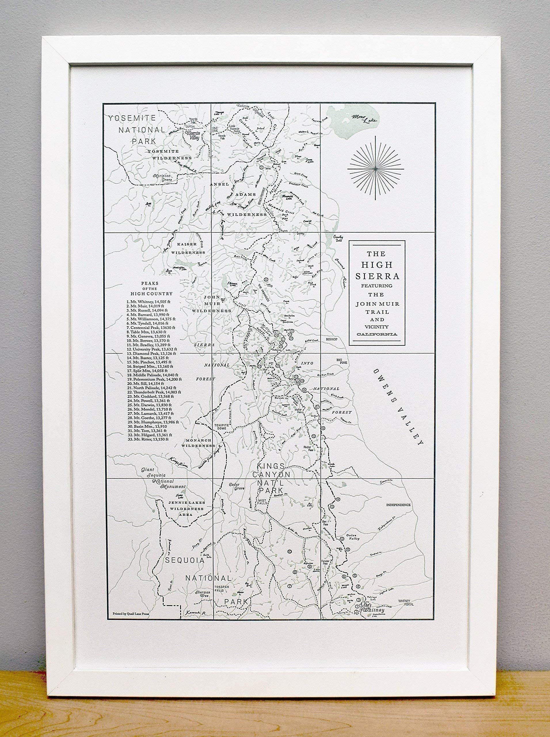 The John Muir Trail and the High Sierra, Letterpress Map Unframed Print