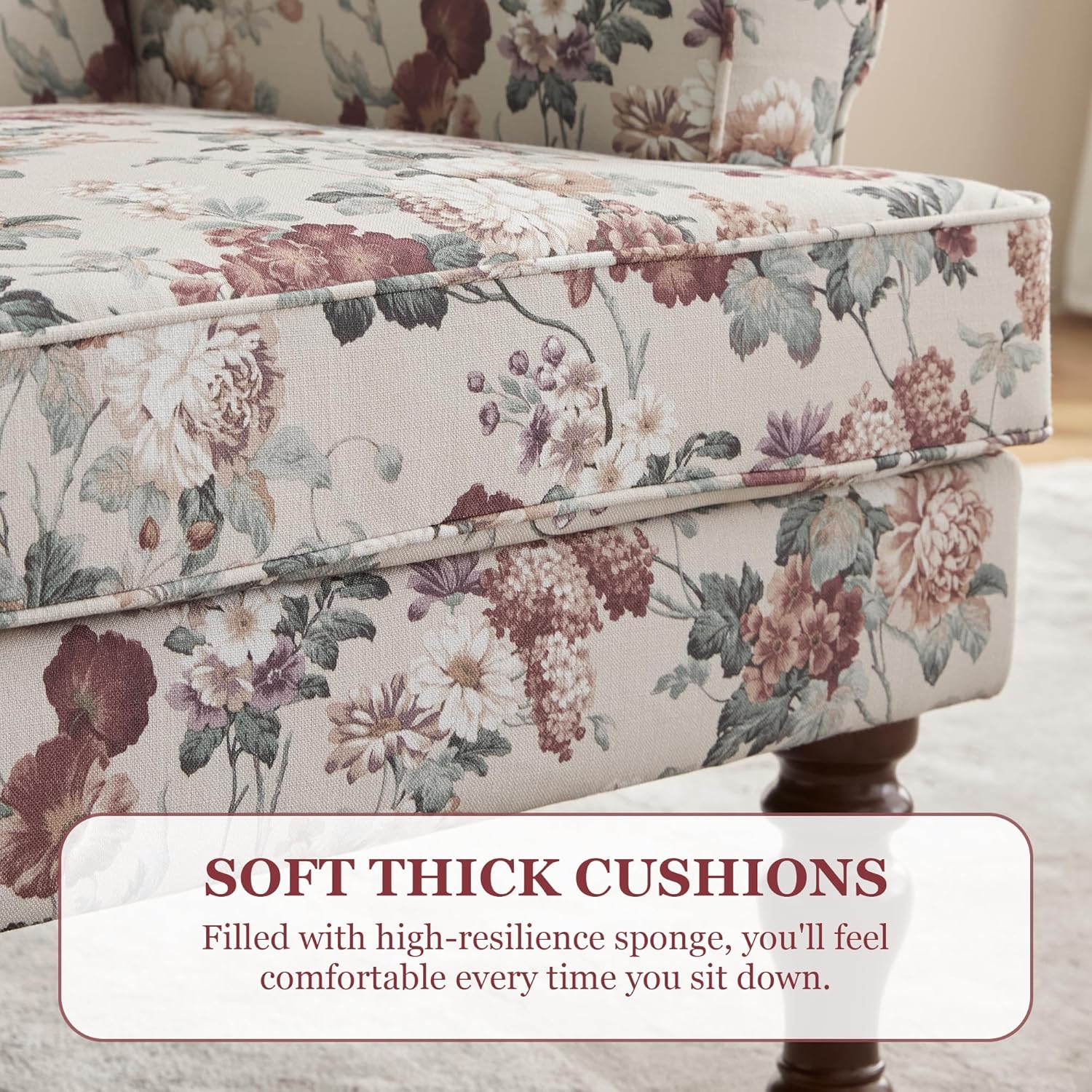HUIMO Printed Wingback Accent Chair, Linen Upholstered High Back Armchair, Comfy Reading Chair for Living Room Bedroom Study, 300lbs Weight Capacity (1, Red Floral)