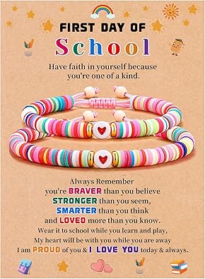 First Day of School Gifts Matching Bracelets for Women Girls Mother and Daughter Beaded Bracelet Multicolor Bead Stretch Back to School Gift I Love You Engraved Christmas Birthday Jewelry