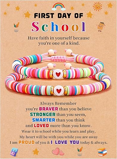 First Day of School Gifts Matching Bracelets for Women Girls Mother and Daughter Beaded Bracelet Multicolor Bead Stretch Back to School Gift I Love You Engraved Christmas Birthday Jewelry