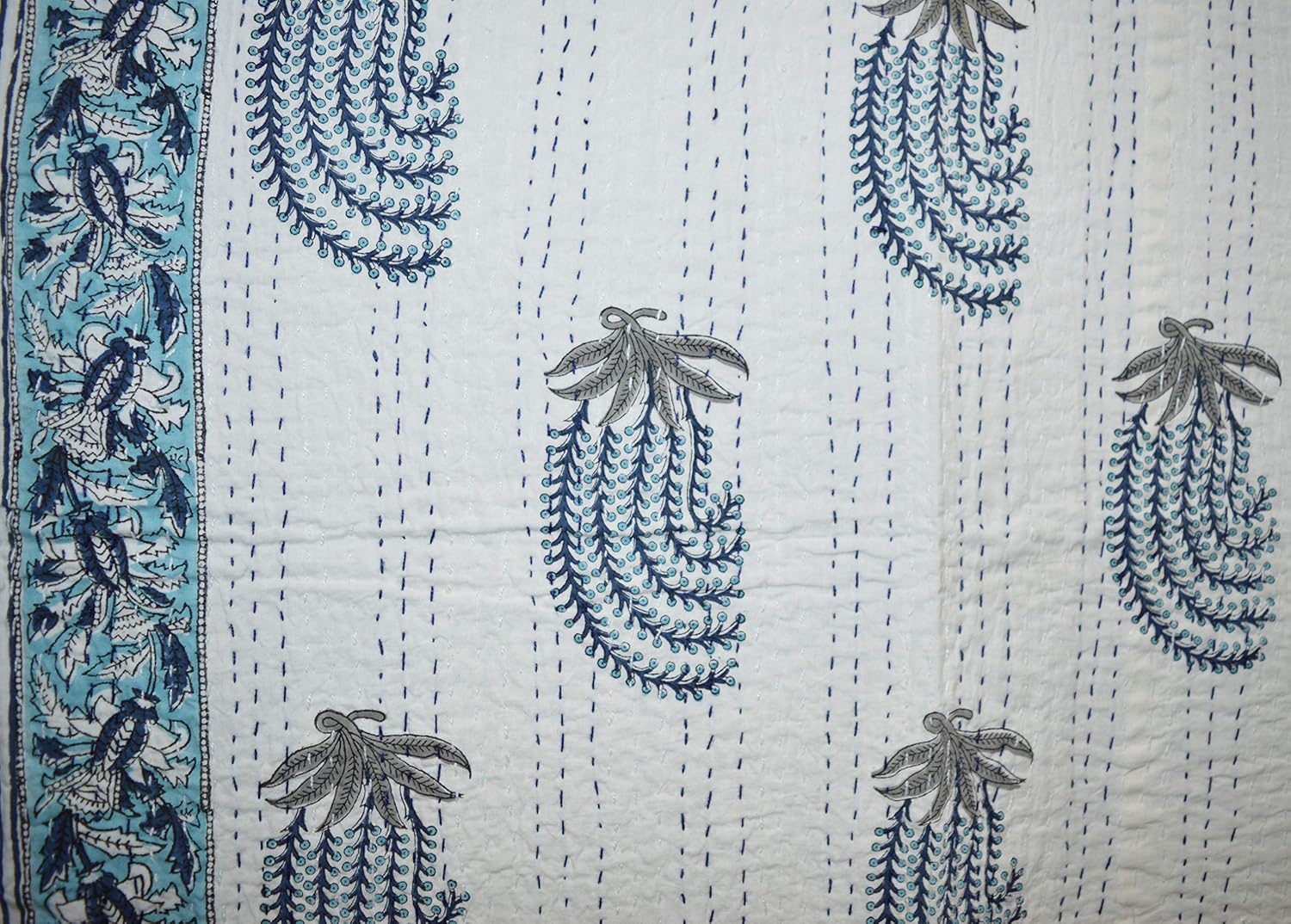 Indian Handmade Hand Block Print Twin Cotton Kantha Quilt Throw Blanket Bespread 90x60 Inch