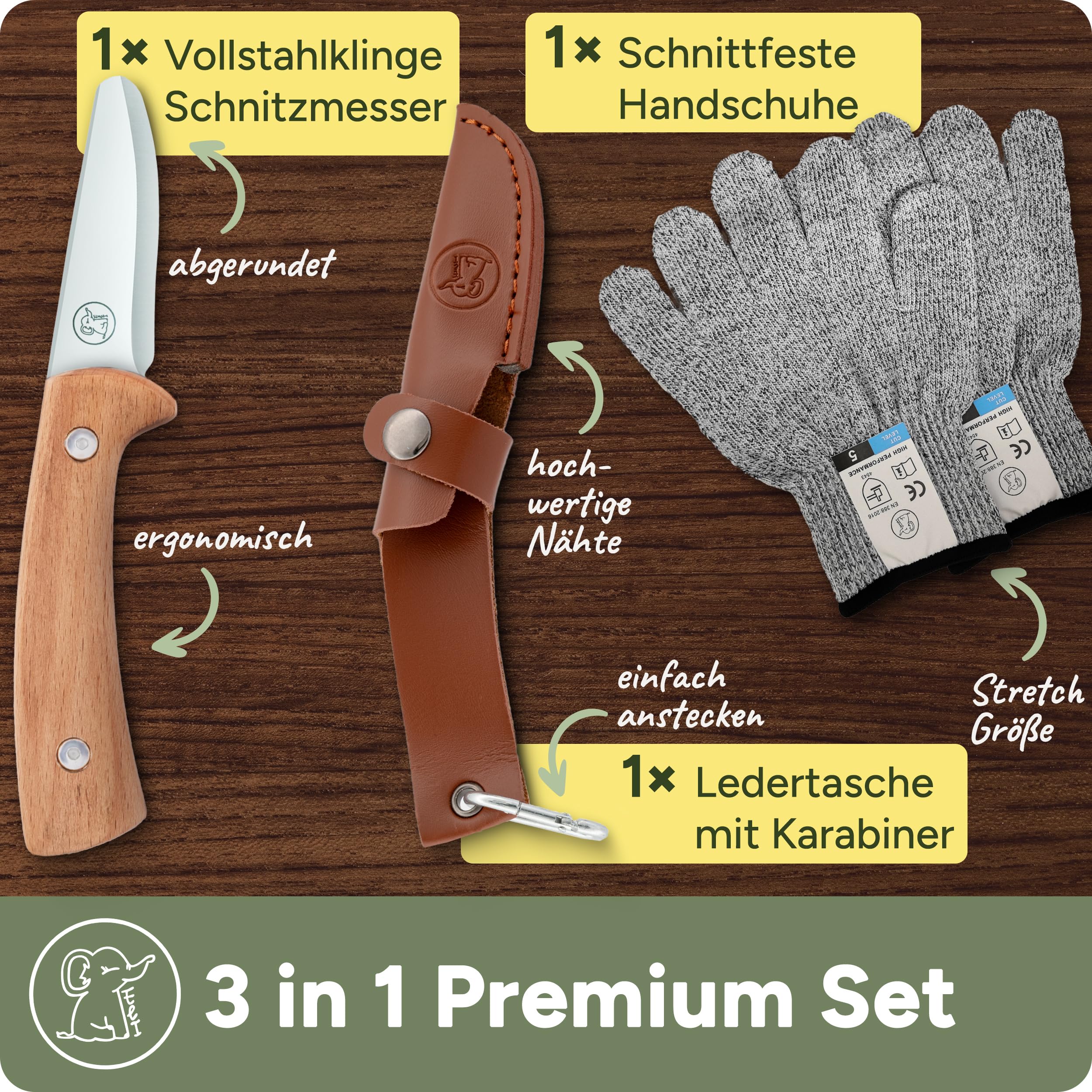 Eli® Schnitzmesser für Kinder mit Ledertasche ab 8 Jahre - hochwertiges Kindermesser Schnitzset inkl. schnittfeste Handschuhe - Kinderschnitzmesser - Schnitzwerkzeug - Outdoor Messer