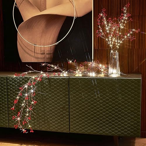 Miniatura 5 de Hairui Ramita artificial iluminada con purpurina marrón con luces de hadas de 32 pulgadas, 120 luces LED, funciona con pilas, rama de sauce marrón