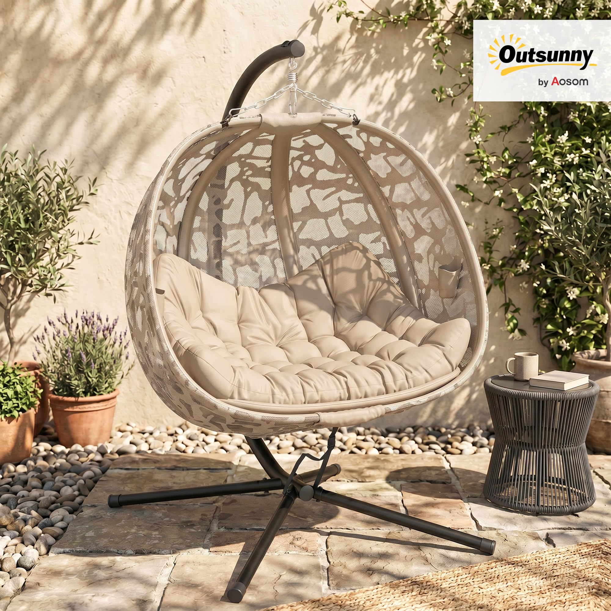 Outsunny Poltrona Sospesa 2 Posti in Acciaio e Cotone PP con 2 Tasche, Cuscini in Poliestere e Cesto Pieghevole, 126x126x176 cm