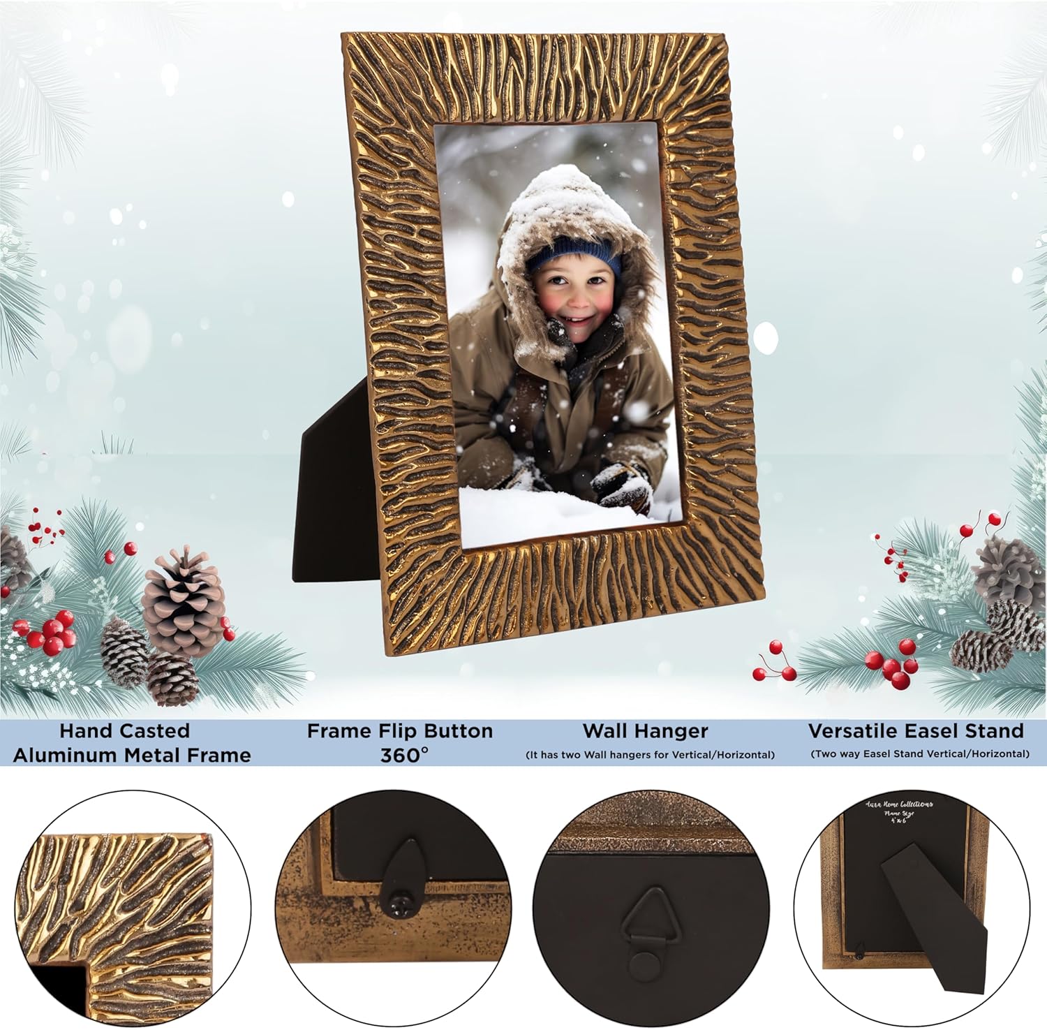 4x6 Gold Metal Picture Frame – Handcrafted Antique Gold Photo Holder for Tabletop or Wall Display – Elegant Home Décor & Ideal for Everyday and Holiday Gifting