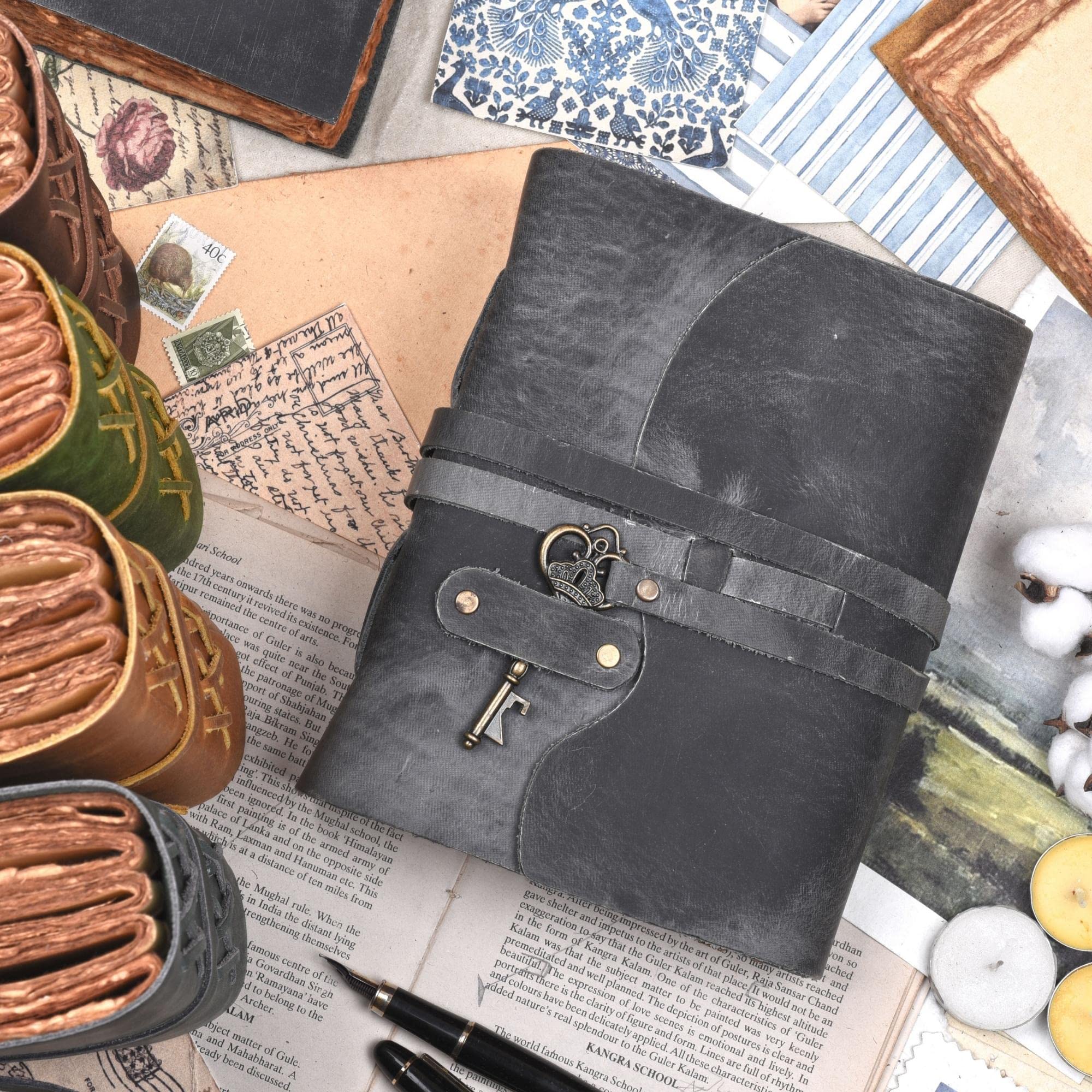 Journal en cuir - Journal vintage à reliure en cuir - Papier à bords vintage - Fermeture à clé vintage - Livre d'ombres - Carnet de croquis en cuir (gris, 20,3 x 15,2 cm)