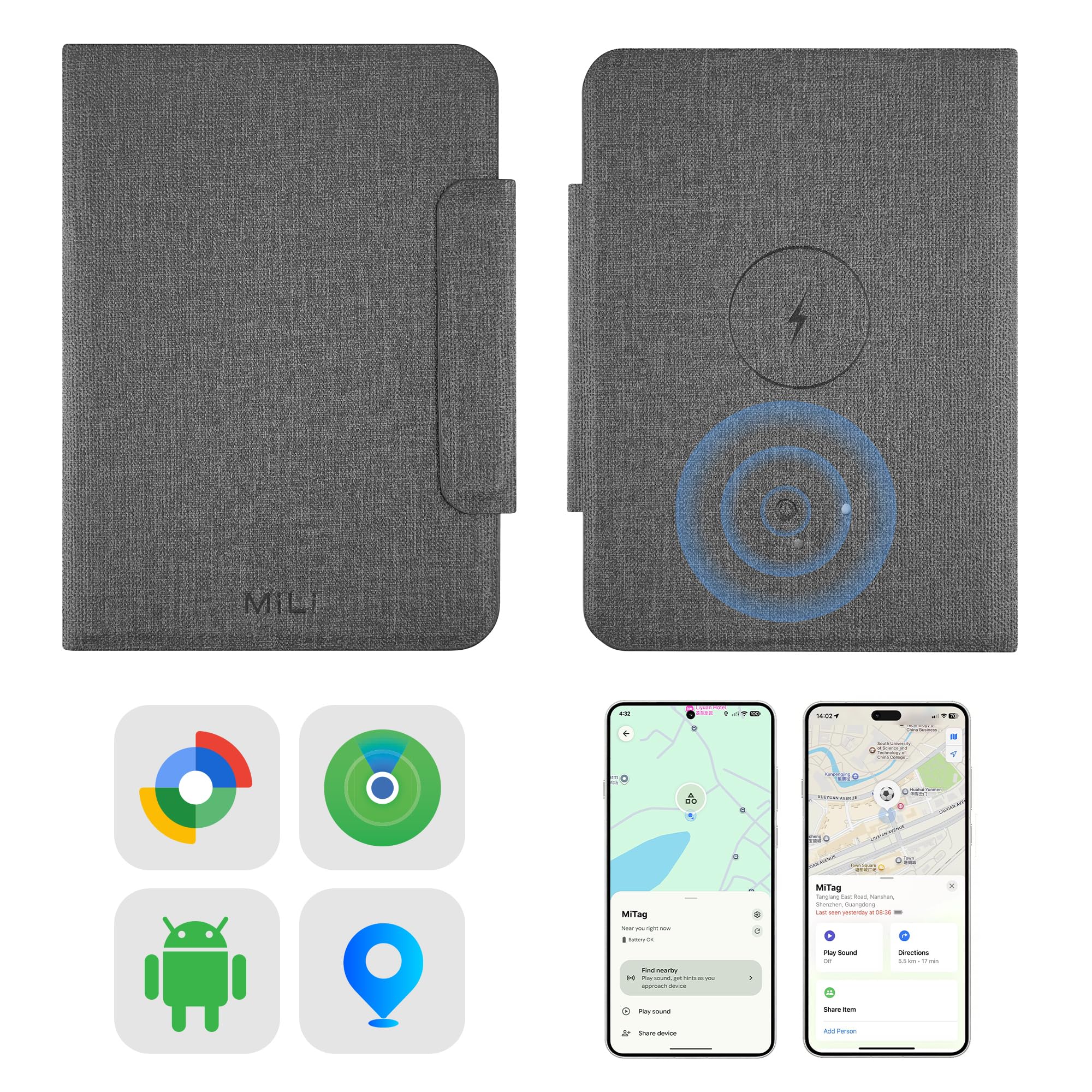 MiLi Custodia per passaporto con Apple Dov’è & Google Funzioni Trova, Tracker intelligente con tracciamento posizione, protezione RFID e ricarica wireless, accessorio da viaggio – Nero