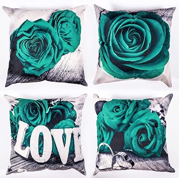 Emerald Green Pillow Covers 20x20 Set of 4, Rose Floral Decorative Pillow Cover Throw for Bedroom Sofa Couch Green Flower Cushion Pillowcase Outdoor Patio Cotton Linen Square Home Furniture Decor