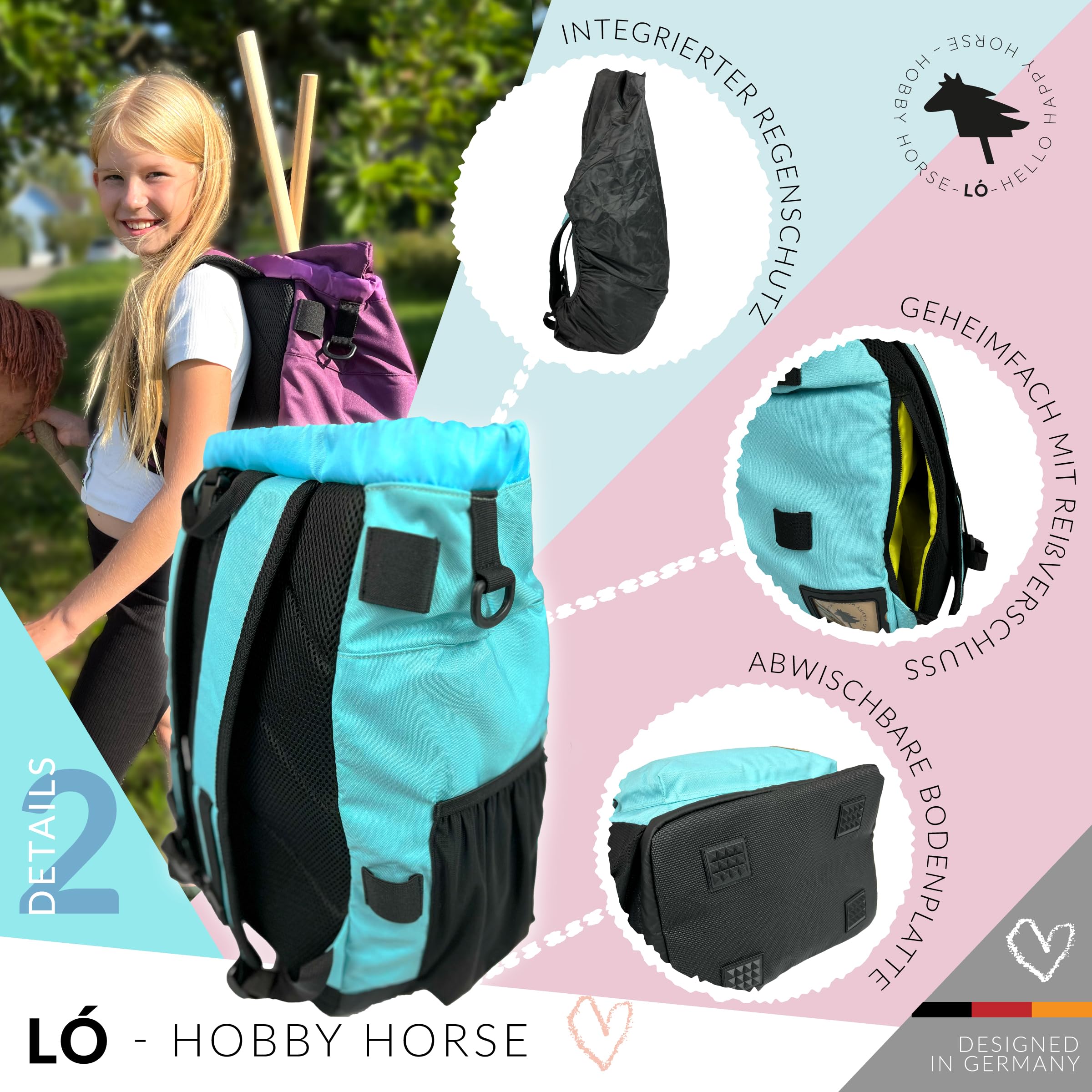 Driver13 LÓ Hobbyhorse Rucksack Steckenpferd, Hobbyhorsing Tasche, Transport bis 4 Hobbyhorses, Aruba Blau/Hell