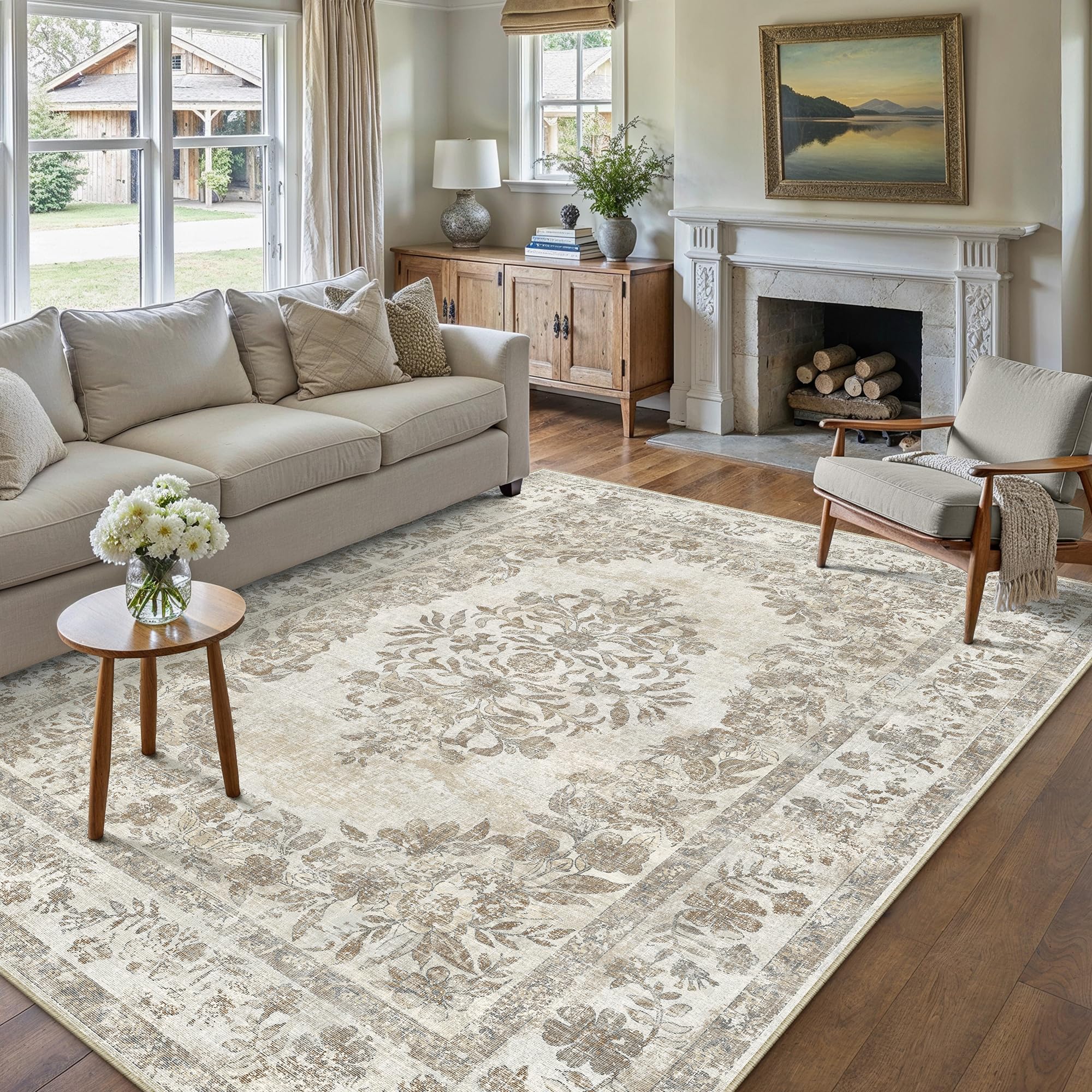 PureCozy Taupe Area Rug 6x9 Washable Vintage Carpet for Living Room Bedroom Large Soft Retro Low Pile Thin Indoor Rug Non Slip Oriental Medallion Tapis Salon for Dining Room Office