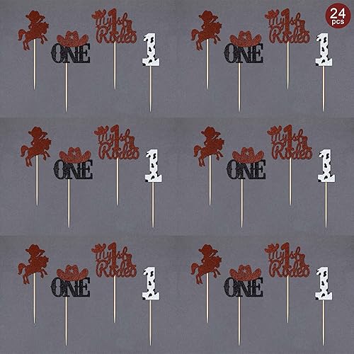 Miniatura 3 de 24 piezas My First Redeo Cupcake Toppers 4 Formas Glitter Brown Cowboy Hat One Boots Cupcake Picks para temática occidental Baby Shower Primer