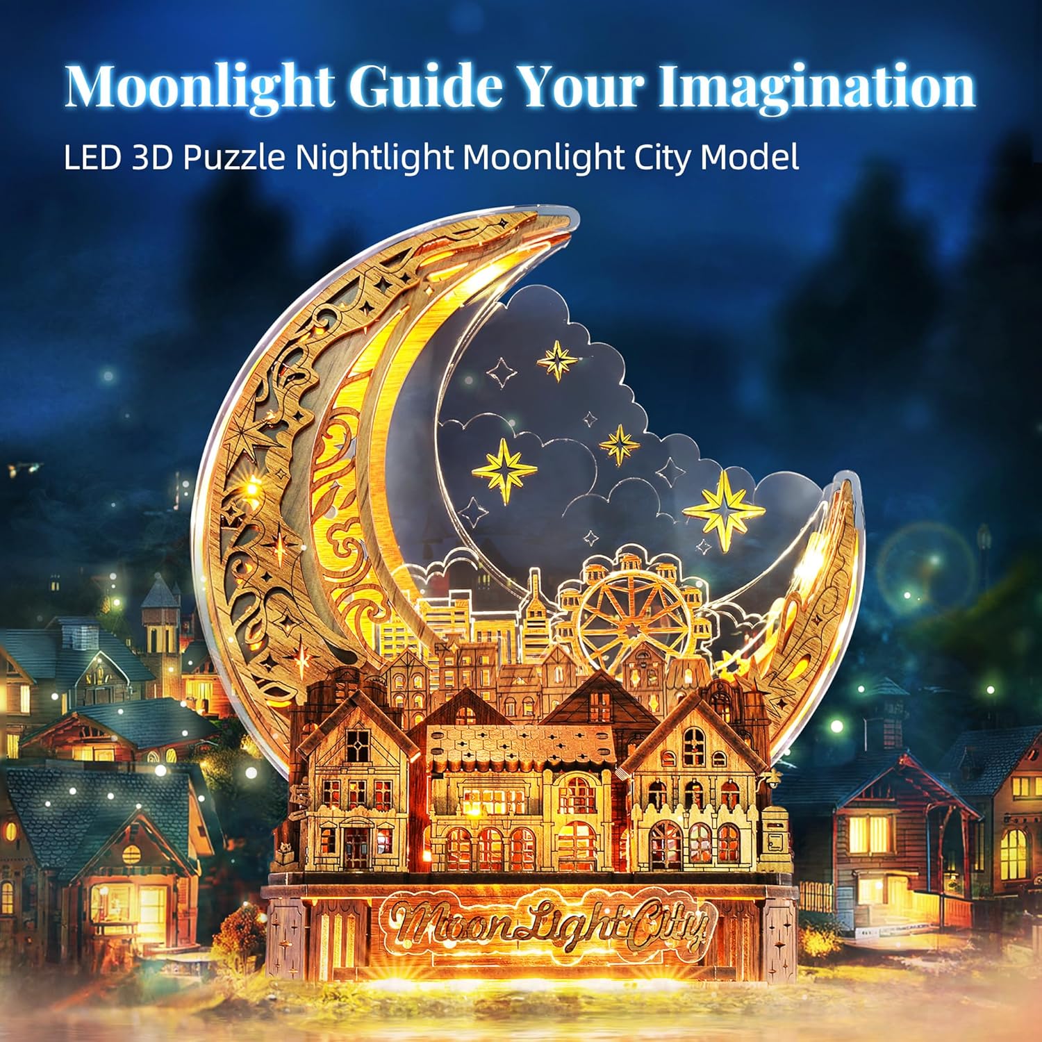 3D DIY Puzzle Moon City Model - LED 3D Wood Puzzle - 3D Wooden Puzzles for Adults Home Décor Gifts for Kids and Adults, Brown