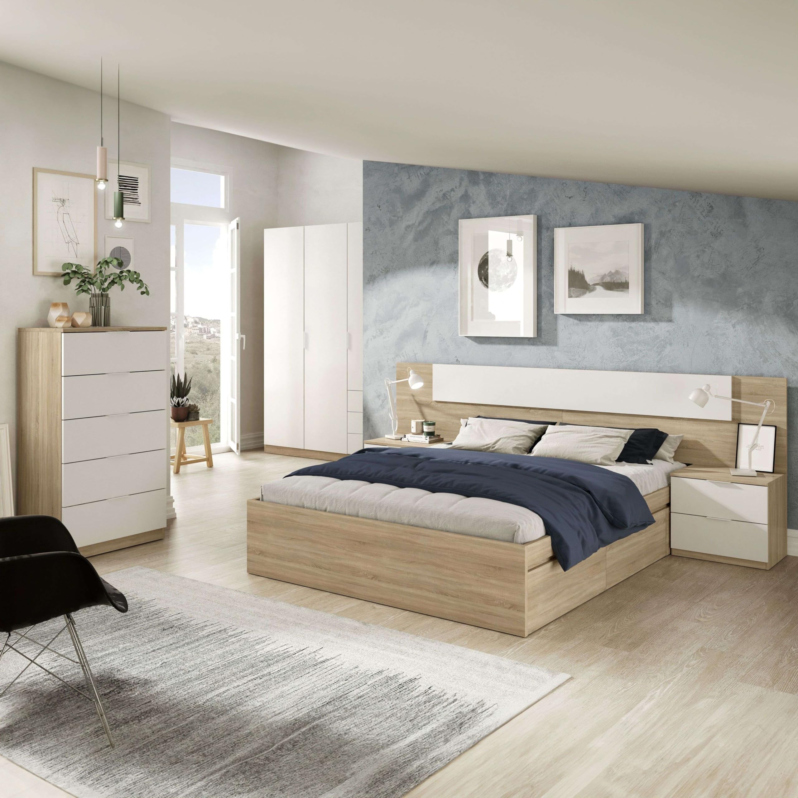 Pack Habitación Matrimonio Alba II 150x190 (Cama+ Cabezal + 2 Mesitas + Armario + sinfonier) Incluye Somier