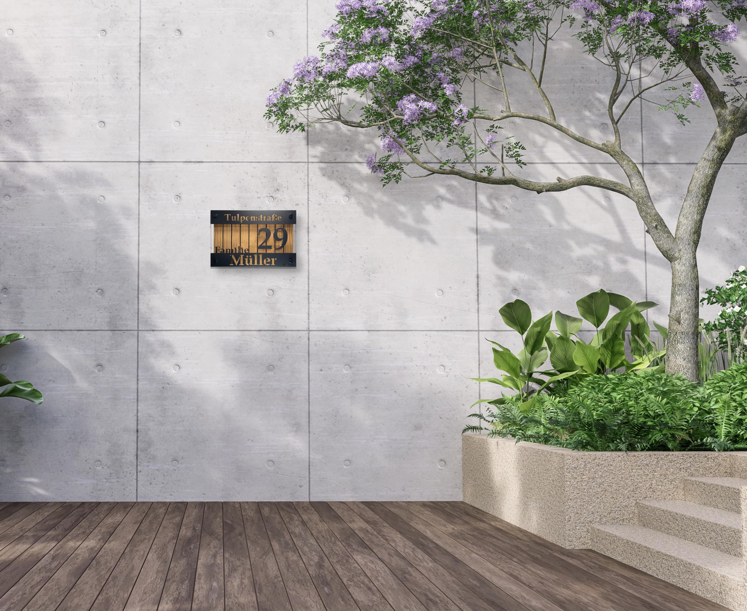 Hausnummern hausnummernschild schwarz schild Adressschild haus hauswand personalisiert acrylglass 3d individuelles design (Eiche mit Streifen, 20x30cm)