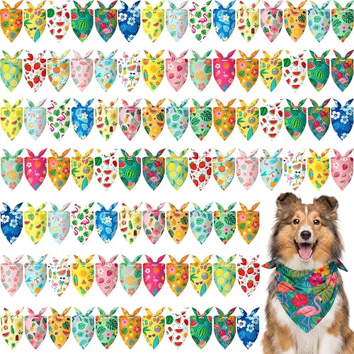 100 Pcs Summer Hawaiian Dog Bandanas Bulk Tropical Bandanas for Dog Triangle Kerchief Bib Scarf for Pet Hawaii Party Costume Photo Props Accessories Pet Shops, 25 Styles (25.6 x 17.7 x 17.7)