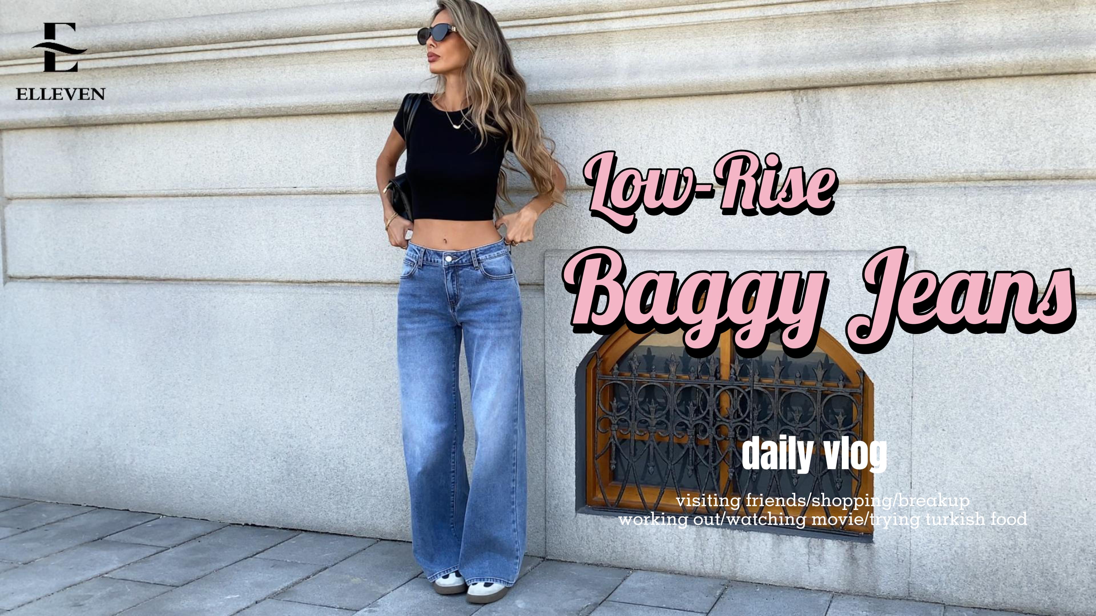 ELLEVEN Low-Rise Baggy Jeans for Women Y2k Wide Leg Loose Denim 